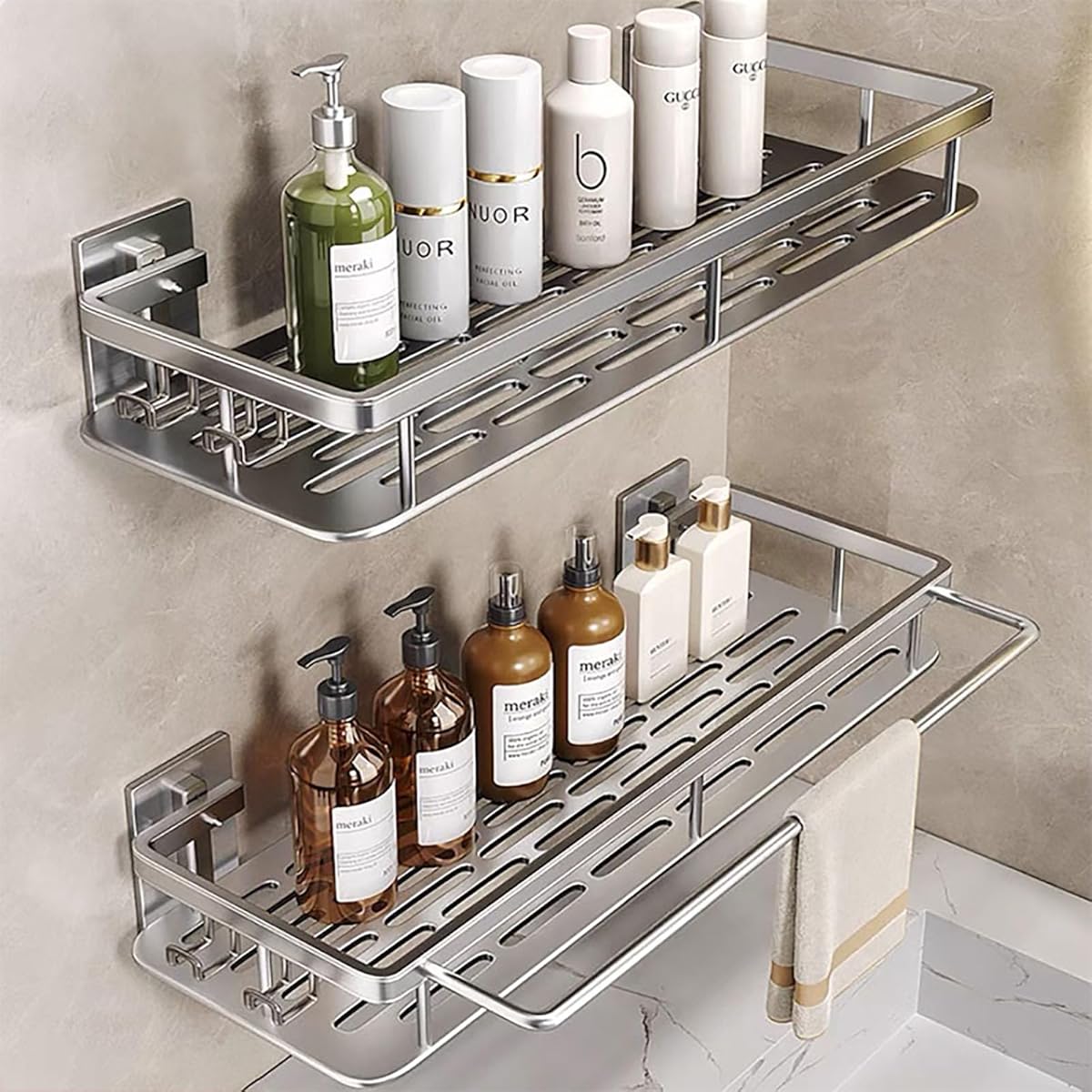 EVALAND Shower Caddy Adhesive 2-Pack with Hooks and Rod for Towels, Silver – Premium Bathroom Shower Shelves, Shampoo Organizer, Bathtub Shelf, Rustproof, Easy Installation, Sturdy Modern Look