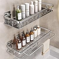 Vista 1 de EVALAND Shower Caddy Adhesive 2-Pack with Hooks and Rod for Towels, Silver – Premium Bathroom Shower Shelves, Shampoo Organizer, Bathtub Shelf, Plata