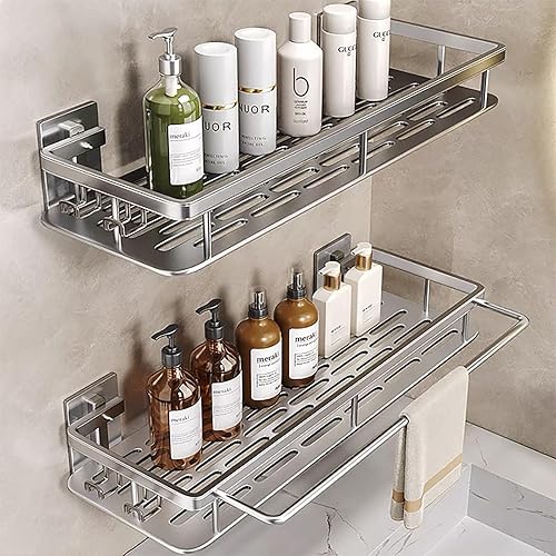 EVALAND Shower Caddy Adhesive 2-Pack with Hooks and Rod for Towels, Silver – Premium Bathroom Shower Shelves, Shampoo Organizer, Bathtub Shelf, Plata