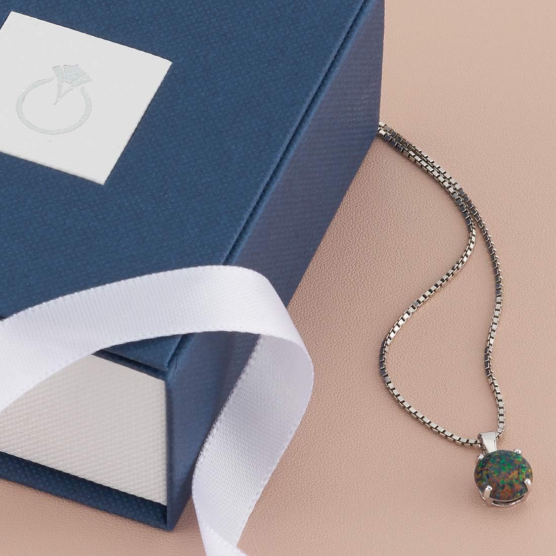 PEORA 14K White Gold Created Black Fire Opal Pendant for Women, Classic Solitaire, 1 Carat Round Shape 8mm, AAA Grade, October Birthstone Necklace, Fire Opal Necklace, w/Jewelry Box