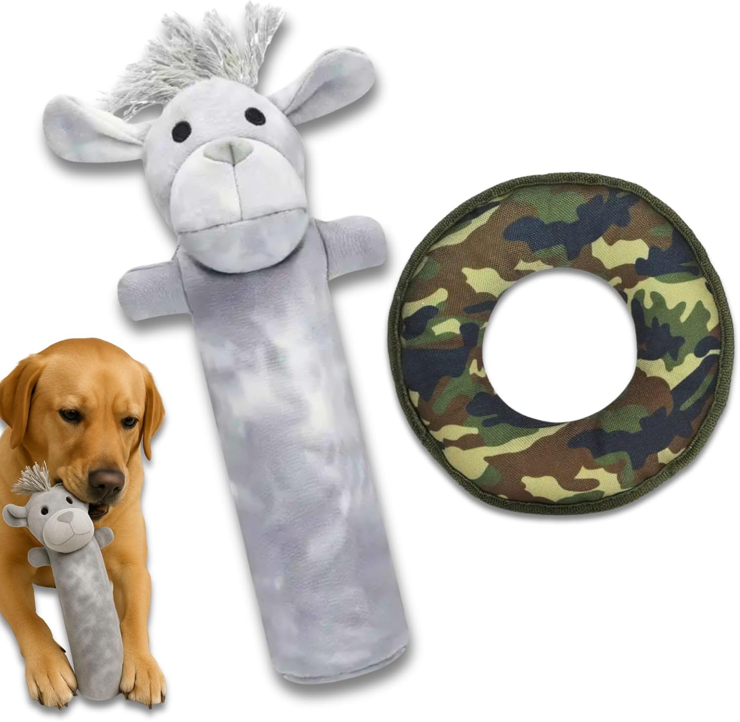 Durable Tough Cotton Canvas Squeaky Dog Toys, Eco-Friendly Interactive 2-Pack Chew Toy Set for Small, Medium & Large Dogs, Labby-Do & Camo Disk
