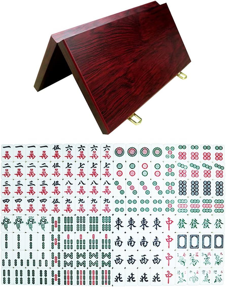 Miniature Chinese Mahjong Game Set with Foldable Table 144 Mini-Tiles, Case, and Accessories, Travel Set (Pink, 22MM)