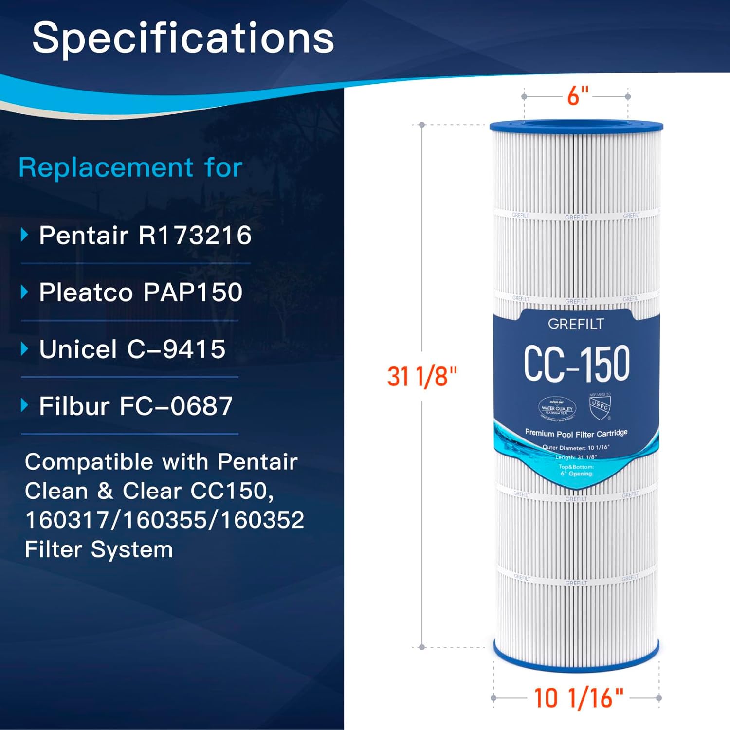CC150 Pool Filter Cartridge, Compatible with Pentair Clean & Clear 150, Replaces Pleatco PAP150, Unicel C-9415, Pentair R173216, 150 sq. ft - Image 2