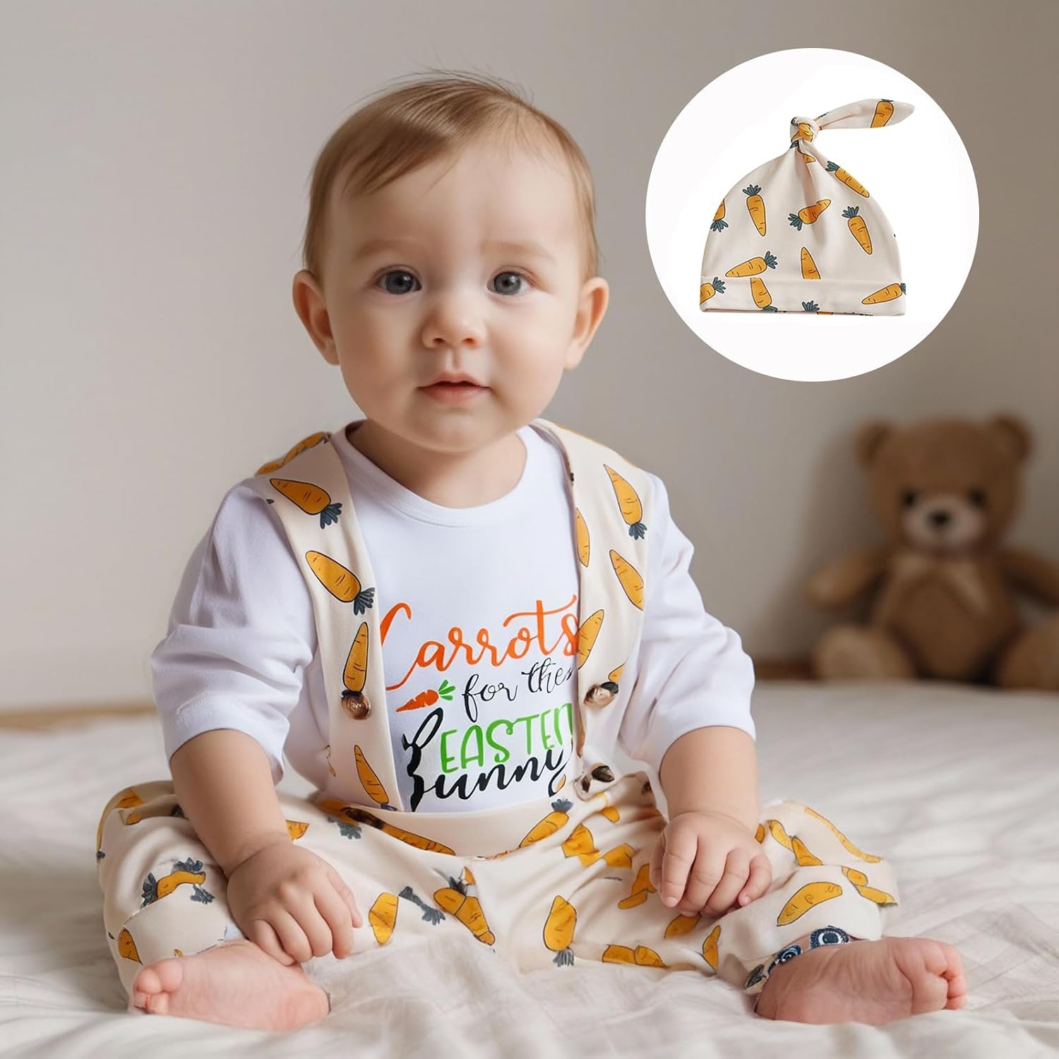 Easter Newborn Baby Boy 3PCS Clothes Set Infant Long Sleeve Romper Bunny Carrot Suspender Pants Overalls Outfits (Carrots, 6-9 Months)