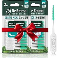 Dr. Emma Original Mint Dental Picks - Soft Rubberized Floss Picks for Braces, Bridges & Implants, 200 Count (2x100 Packs)
