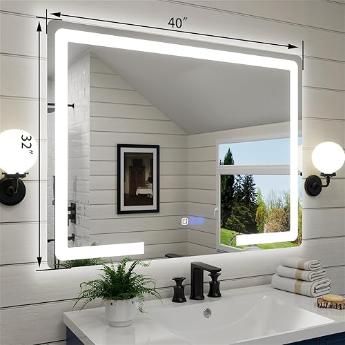 Miniatura 6 de Espejo de baño LED con luces de 40 x 32 pulgadas, espejo de maquillaje LED frontal y retroiluminado, 3 colores de temperatura y espejo de tocador