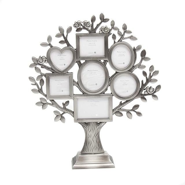 LASODY Antique Silver Family Tree With 7 Picture Frames Metal Table Top Photo Frame Decoration(Heart+Circle+Square)