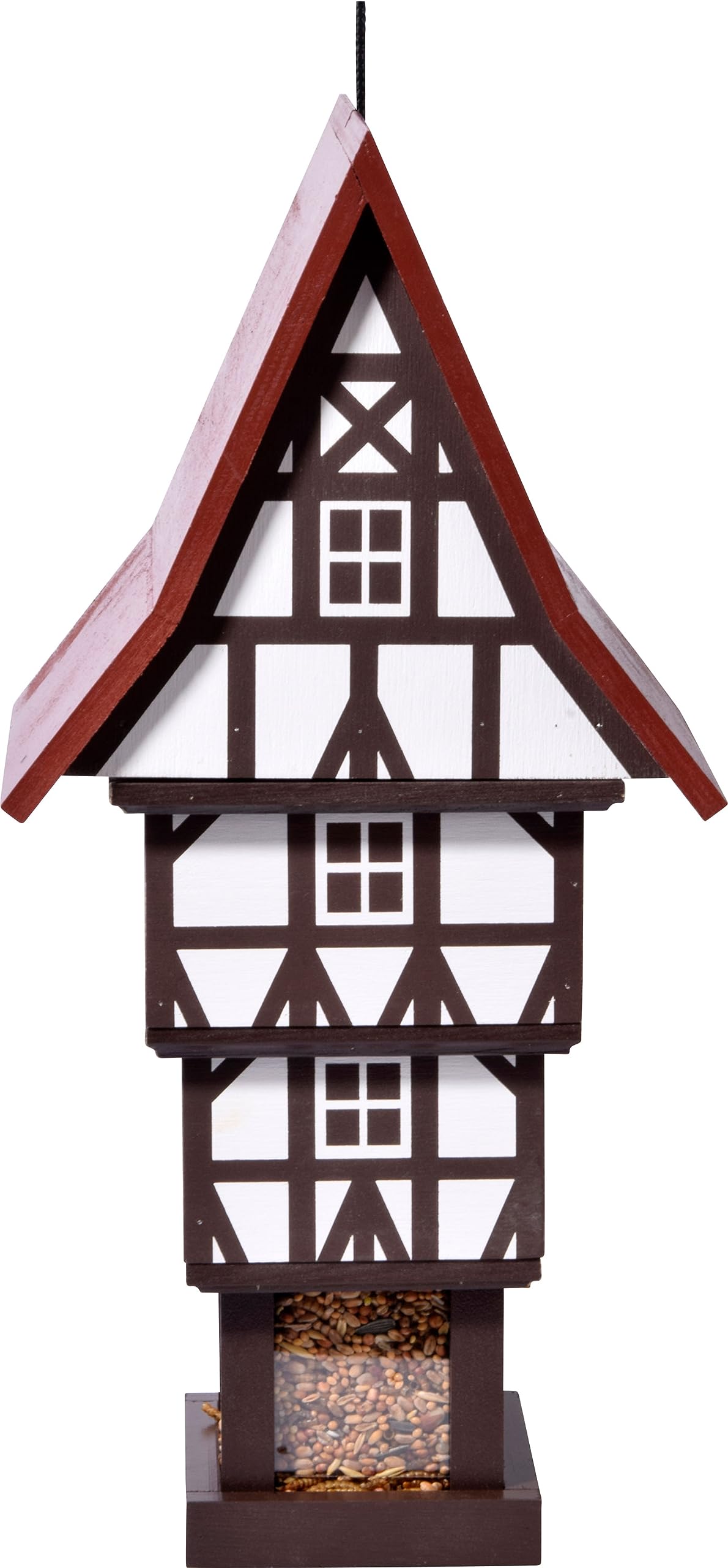 dobar® Design Vogelfutterhaus Zuckerhut zum Aufhängen mit großem Futtersilo, wetterfest - Vogelhaus im Fachwerkstil - 20 x 18 x 41 cm - Weiß/Braun/Rot
