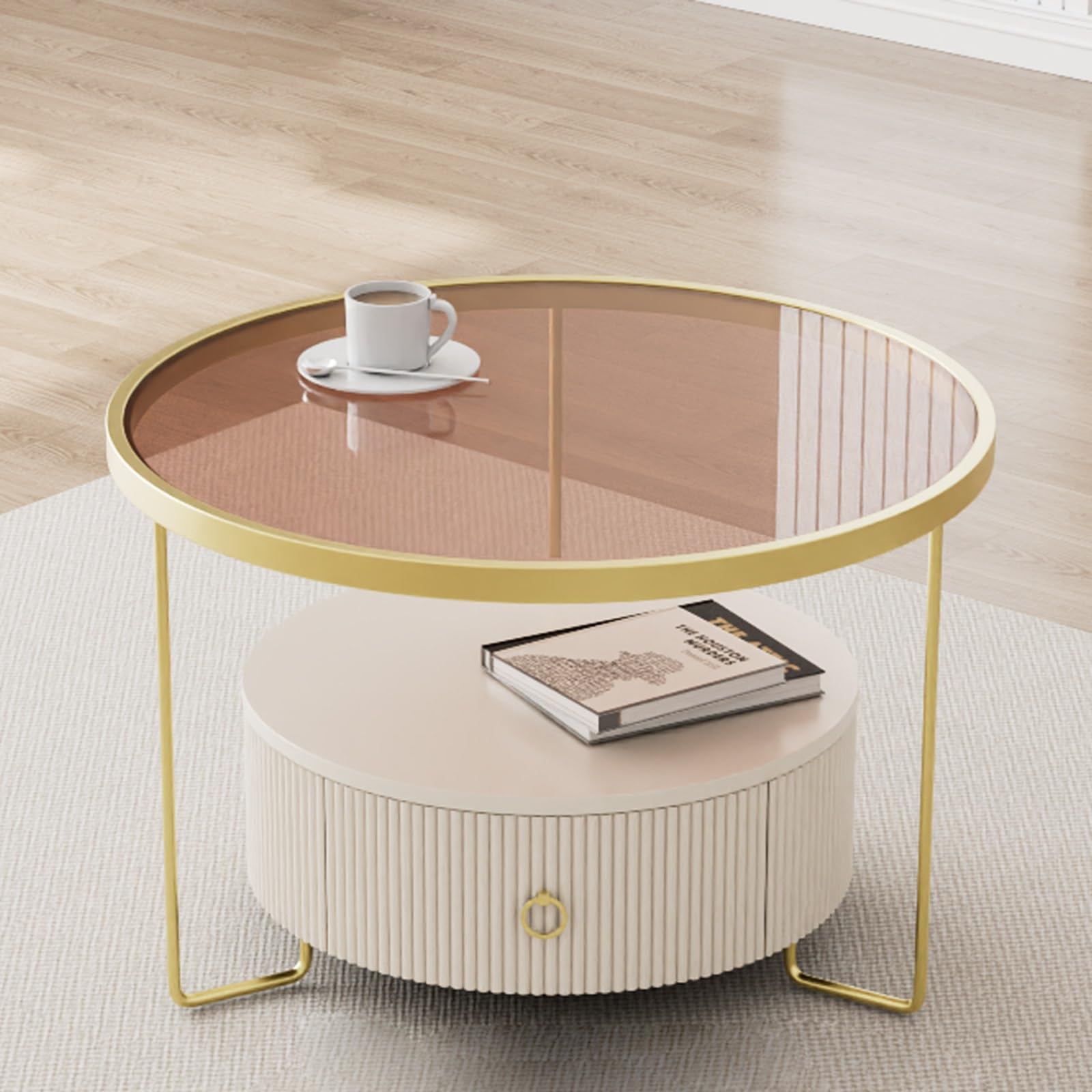 Table basse ronde en verre trempé 70 cm empilable avec piétement en fer noir