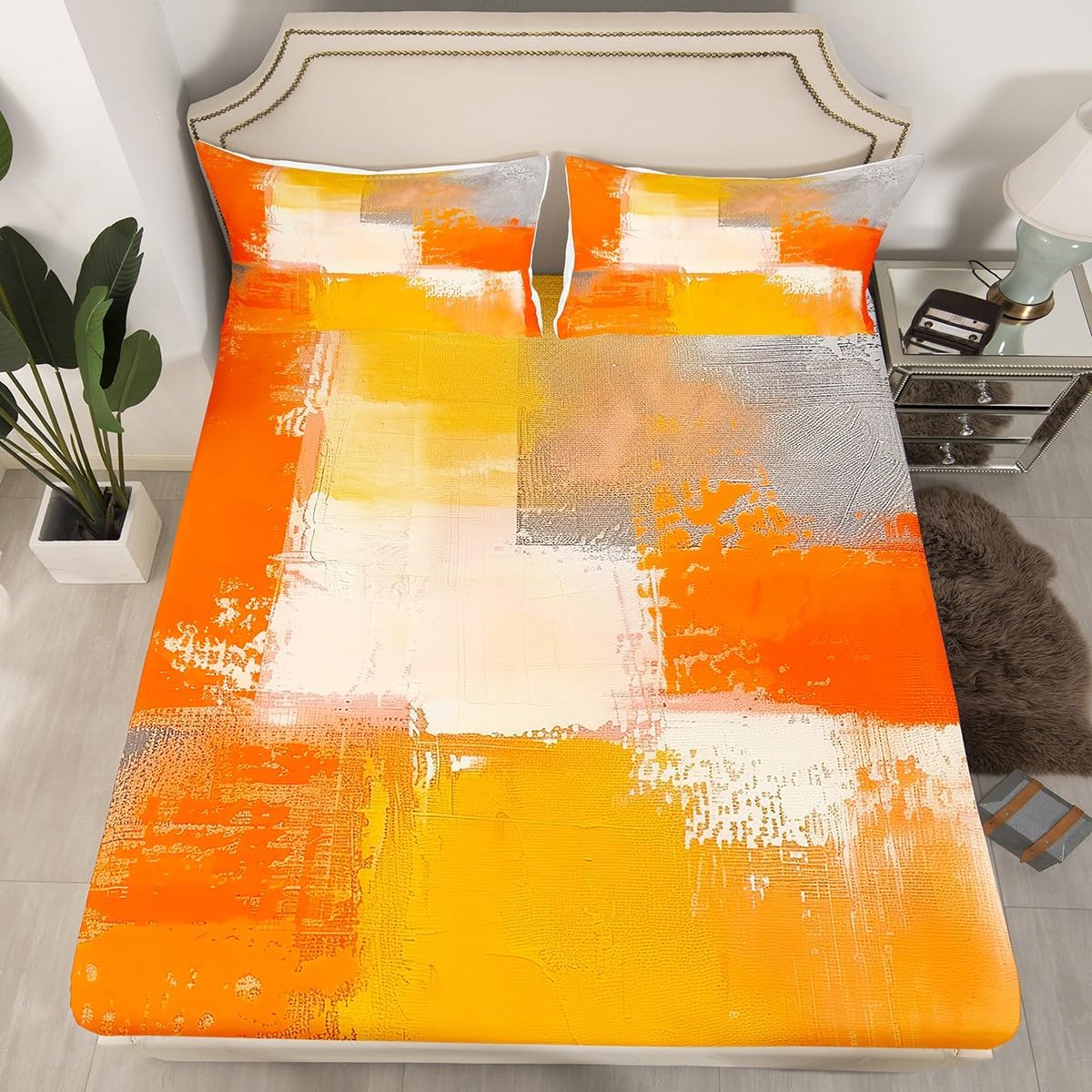 Erosebridal Orange Tie Dye Full Fitted Sheet Contemporary Ombre Bedding, Modern Gradient Bed Sheets Abstract Oil Painting Bed Cover, Watercolor Artwork Bed Set Cozy 3pcs (Deep Pocket)