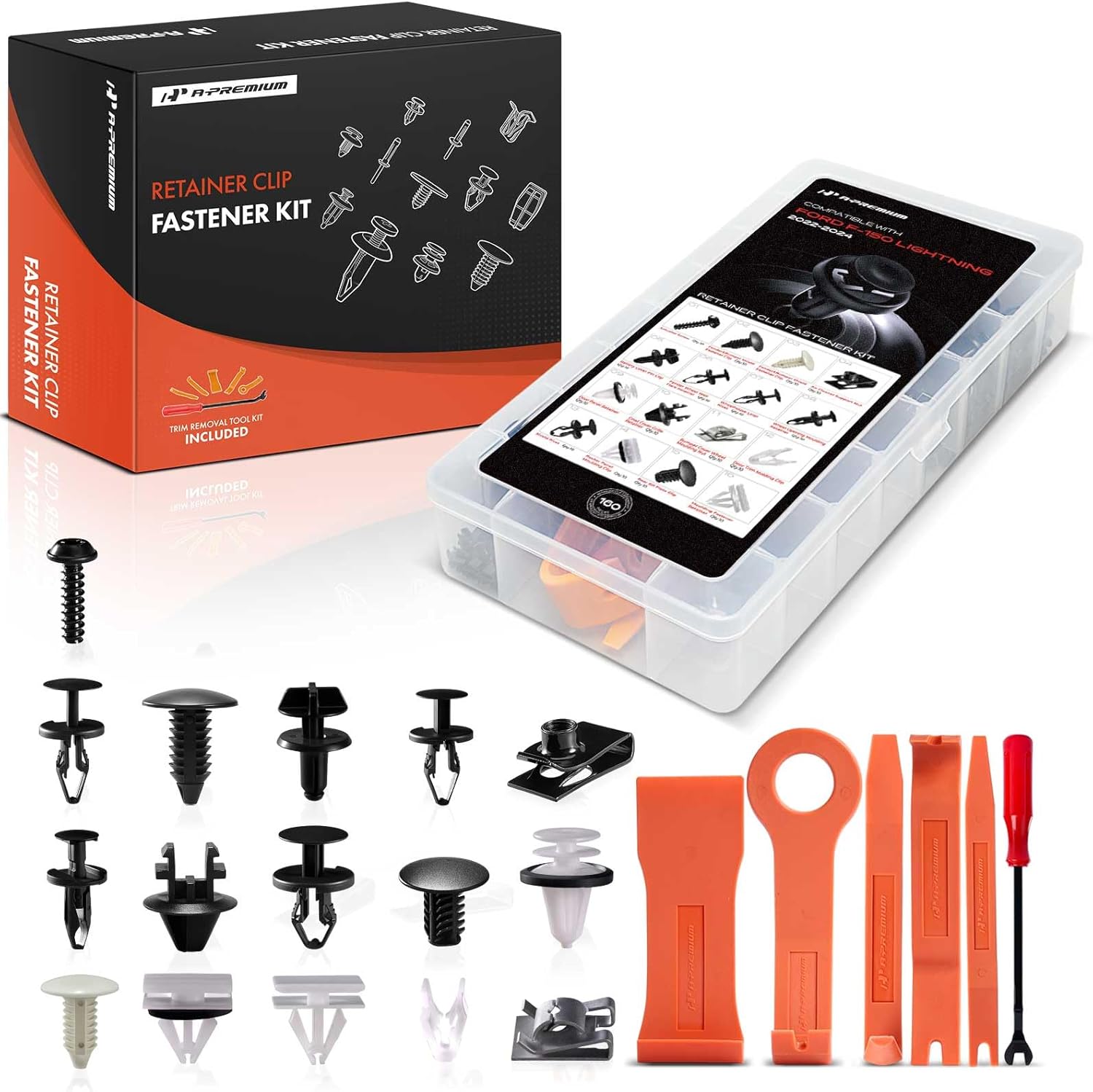 A-Premium 160Pcs 38.08 oz Nylon Bumper Retainer Clips Fender Fasteners Door Trim Panel Shield Rivet Auto Push Pin Plastic Rivets Kit Compatible with Ford F-150 Lightning 2022-2024, with Removal Tool