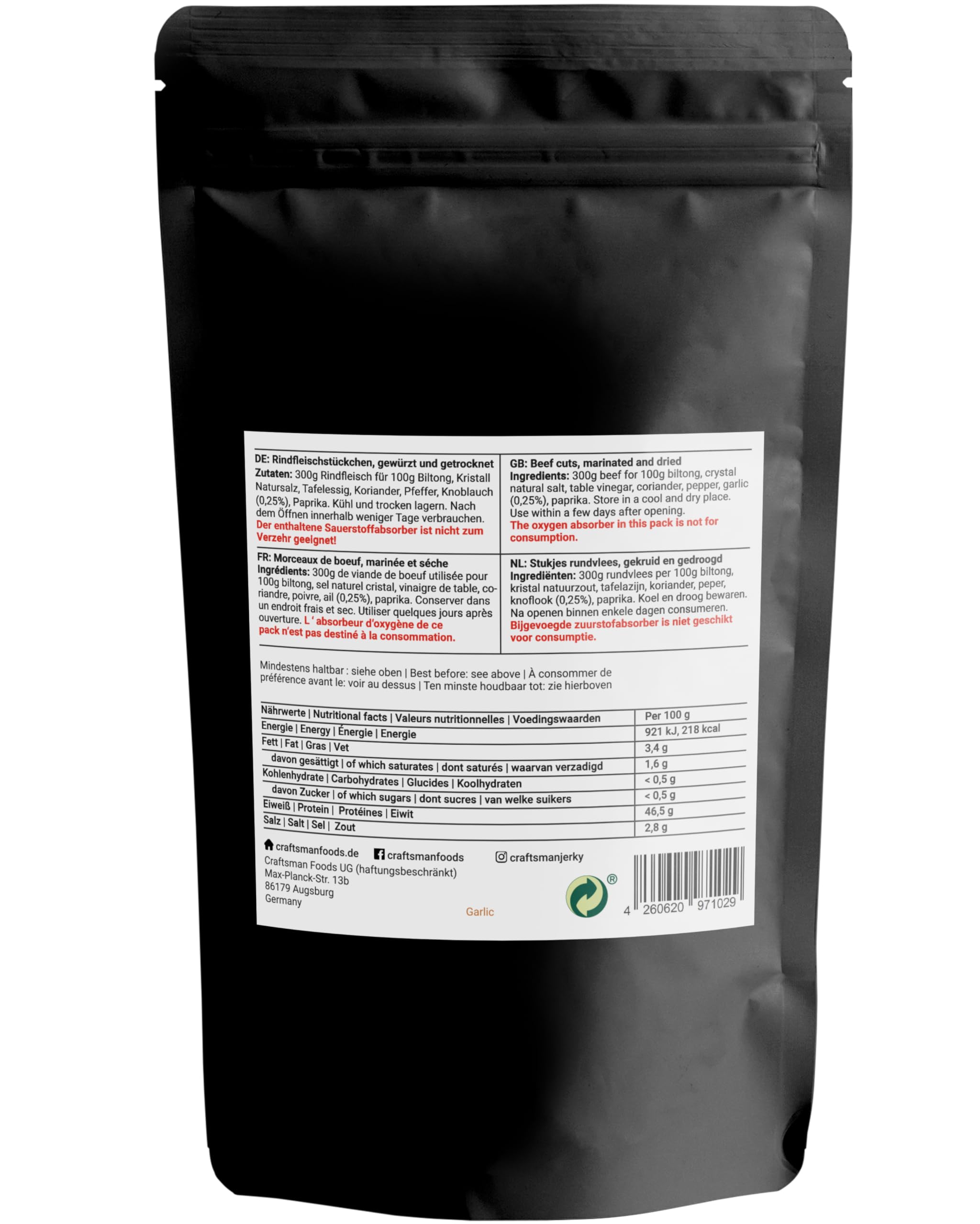 Craftsman Biltong Garlic Trockenfleisch | Beef Jerky Set aus Deutschland - Bayern | Ohne Zucker 100% Natürlich mit Knoblauch (5x 50g Garlic)