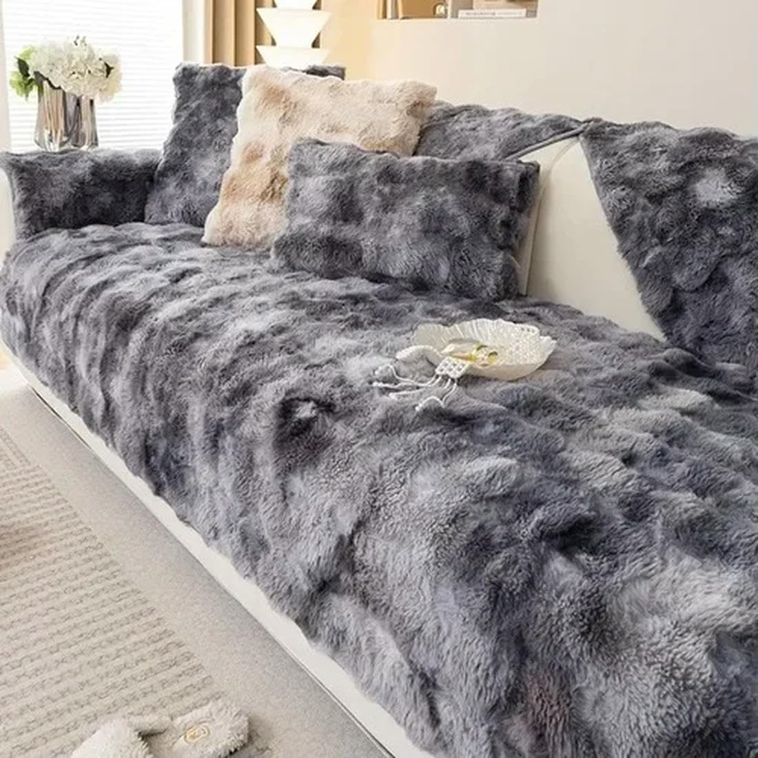 Housse de coussin d'hiver en peluche pour canapé d'angle et protection antidérapante de salon