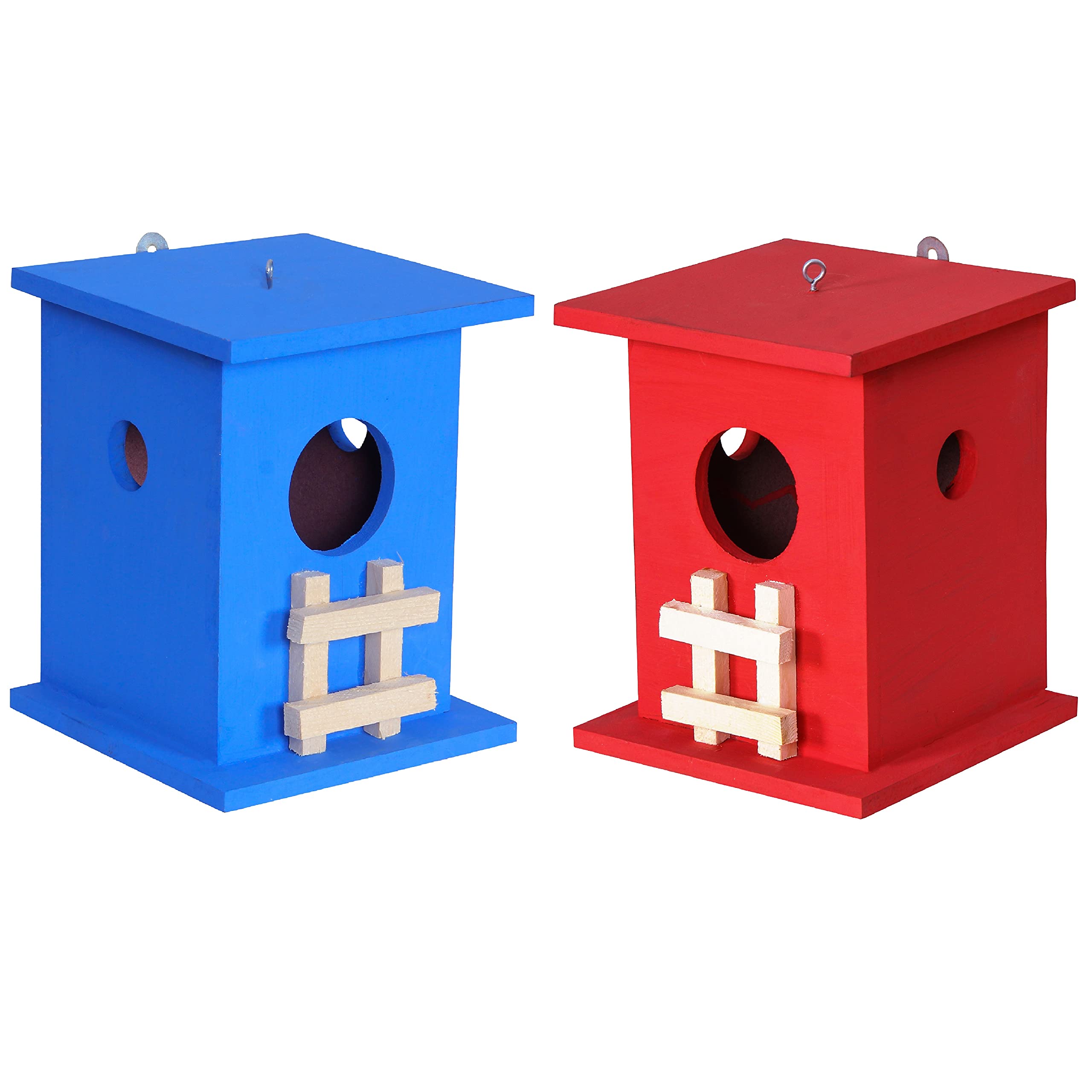 Cket Bird House Combo Nest Breeding Box for Sparrow, Hummingbird, Kingfisher for Balcony and Garden Hanging Wooden with Hanging and Wall Patch (RED) (Pack of 2)