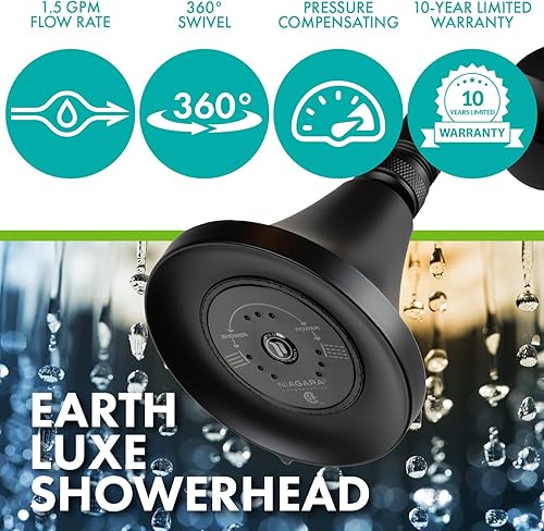 Miniatura 2 de Niagara Conservation N3915MB Earth Luxe - Cabezal de ducha fijo ajustable de 3 pulverizadores con 1.5 GPM, 3.35 pulgadas, montaje en pared, color