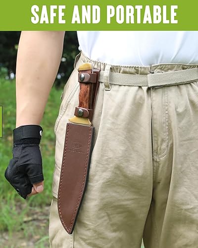 Miniatura 6 de Mossy Oak Cuchillo Bowie de 14 pulgadas, hoja fija de espiga completa, cuchillo de caza con mango de madera con funda de cuero para campamento