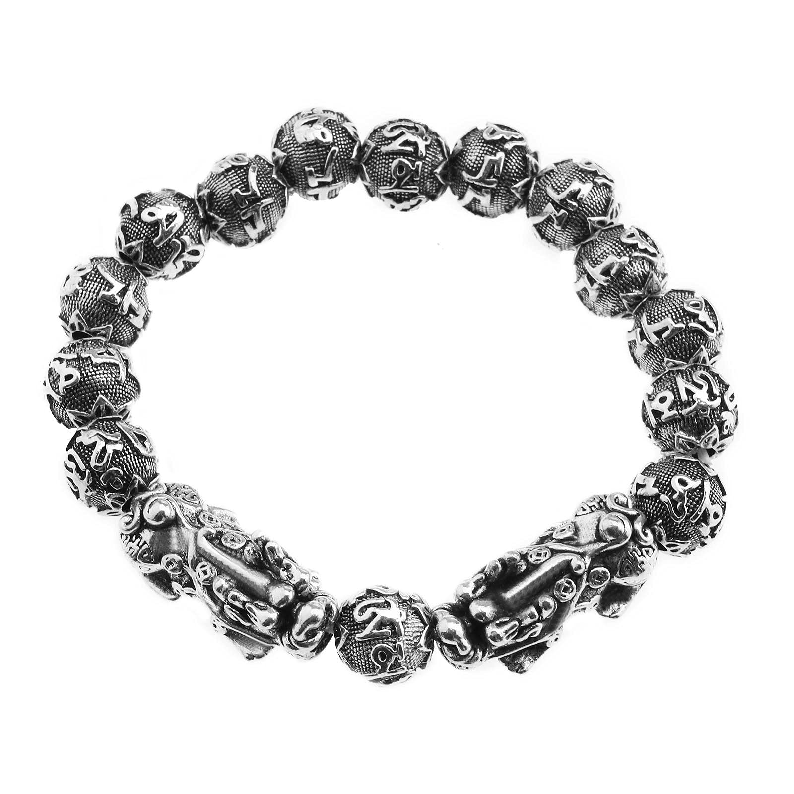 Feng Shui Bracelet Double Pixiu Bracelet Ancient Silver Plated Mantra Six-character Proverbs Buddhist Bead Bracelet Attract Lucky Wealthy Elasticity Taliman Gift for Men