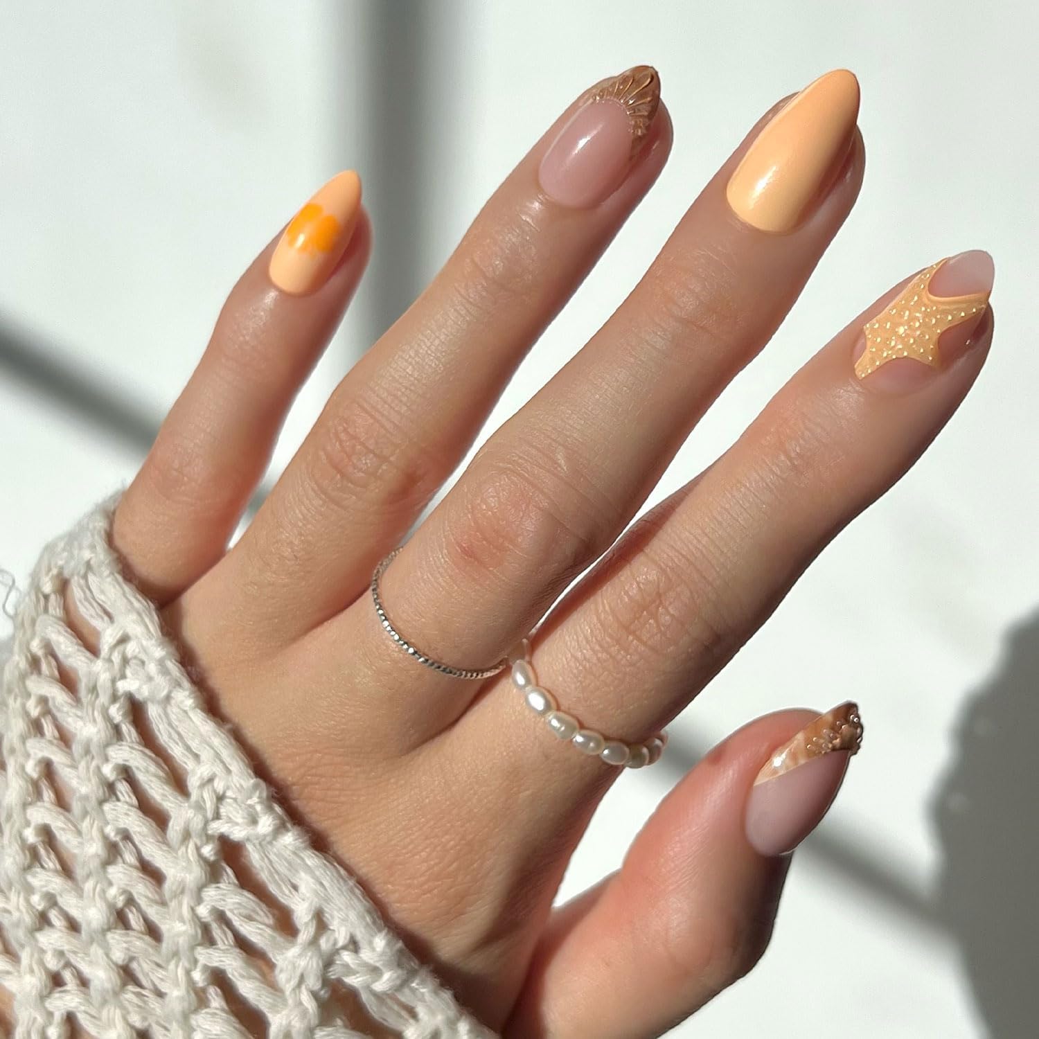Glamnetic Press On Nails - Sunny Shores | Short Almond Orange Fake Nails with 3D Starfish, Salon Quality Summer Nails | 15 Sizes - 30 Nail Kit with Glue