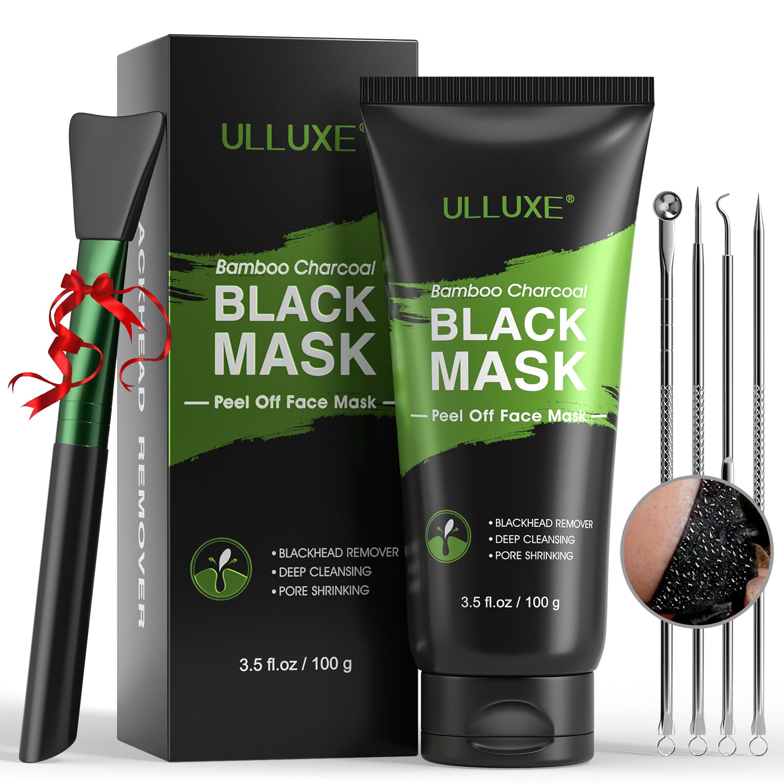 ulluxe Blackhead Remover Mask Kit, Charcoal Peel Off Mask for Face Nose Blackheads Acne and Deep Pores Cleansing, Black Face Mask Peel, Charcoal Mask with Brush and Pimple Extractors, (3.5 Fl.oz)