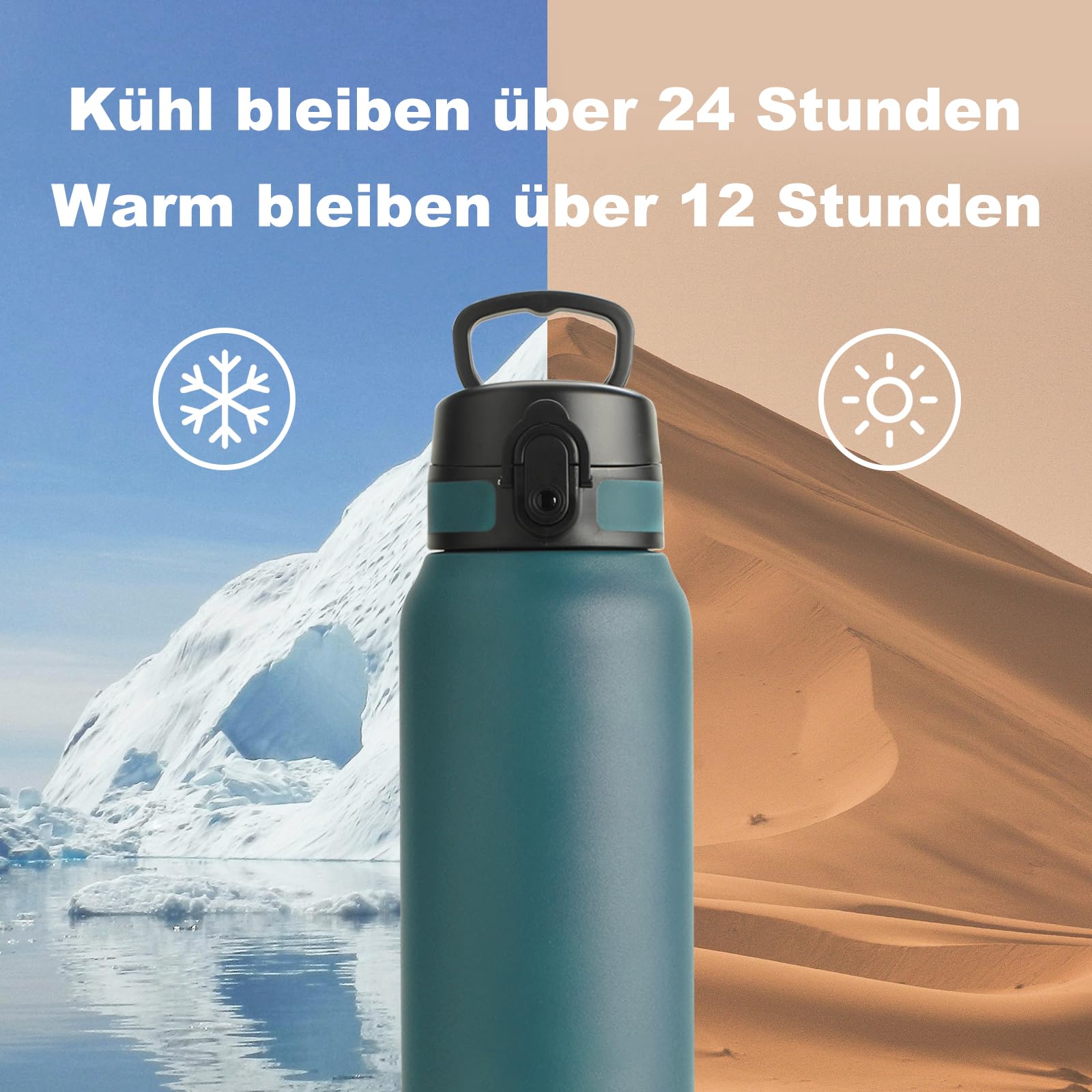 UZSPACE Edelstahl Trinkflasche 1l (970ml), Isolierte Thermosflasche mit 1-Klick-Öffnung, 100% Auslaufsicher, Sport Wasserflasche für Wandern Sport Fitness Gym Outdoor, Waldgrün