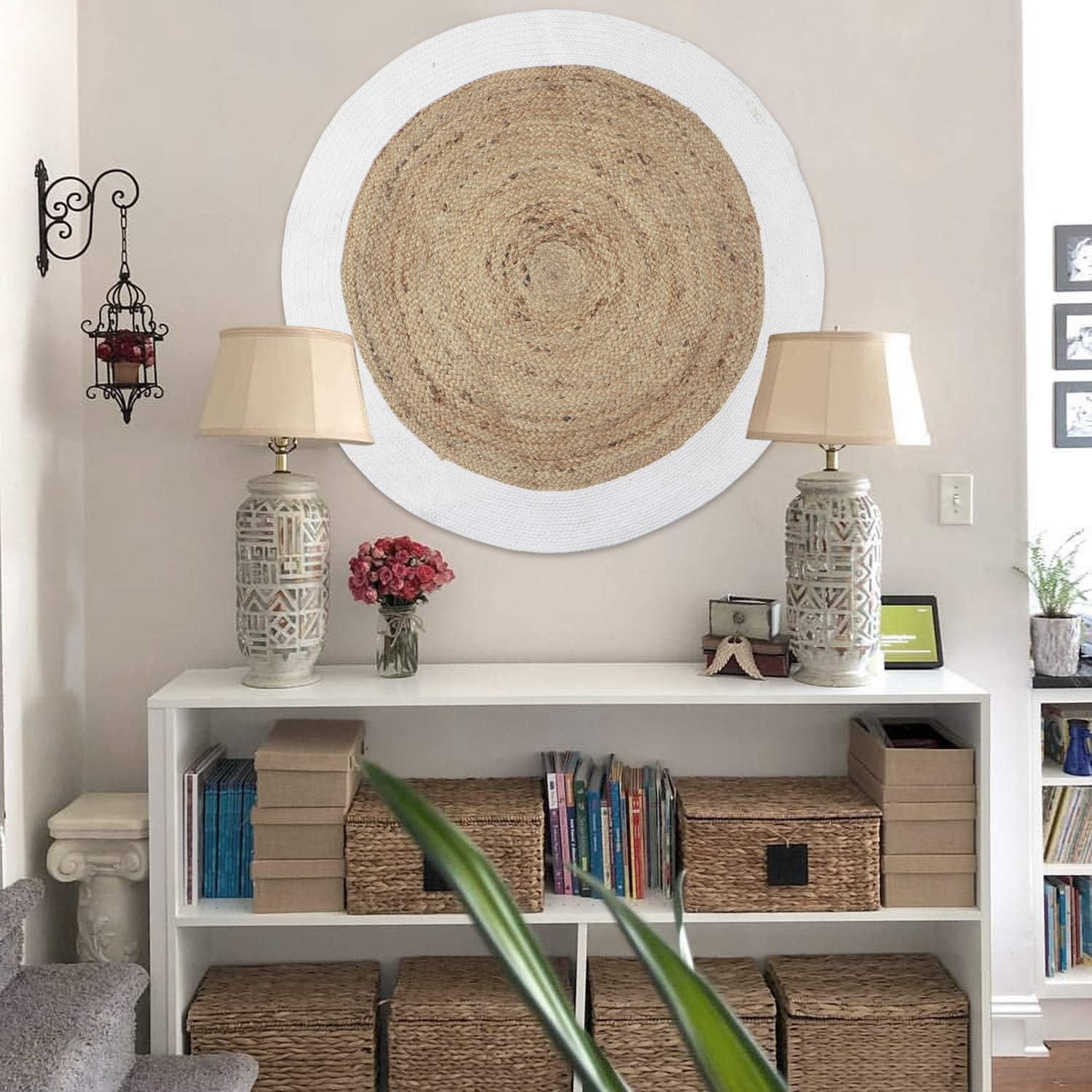 Handgefertigter reiner natürlicher Jute-Teppich für Wohnzimmer, Jute Runde Bodenmatte, Teppiche für Wohnzimmer, Jute Mitte Tisch Teppich (10 x 10 Fuß Rund (300 cm x 300 cm)