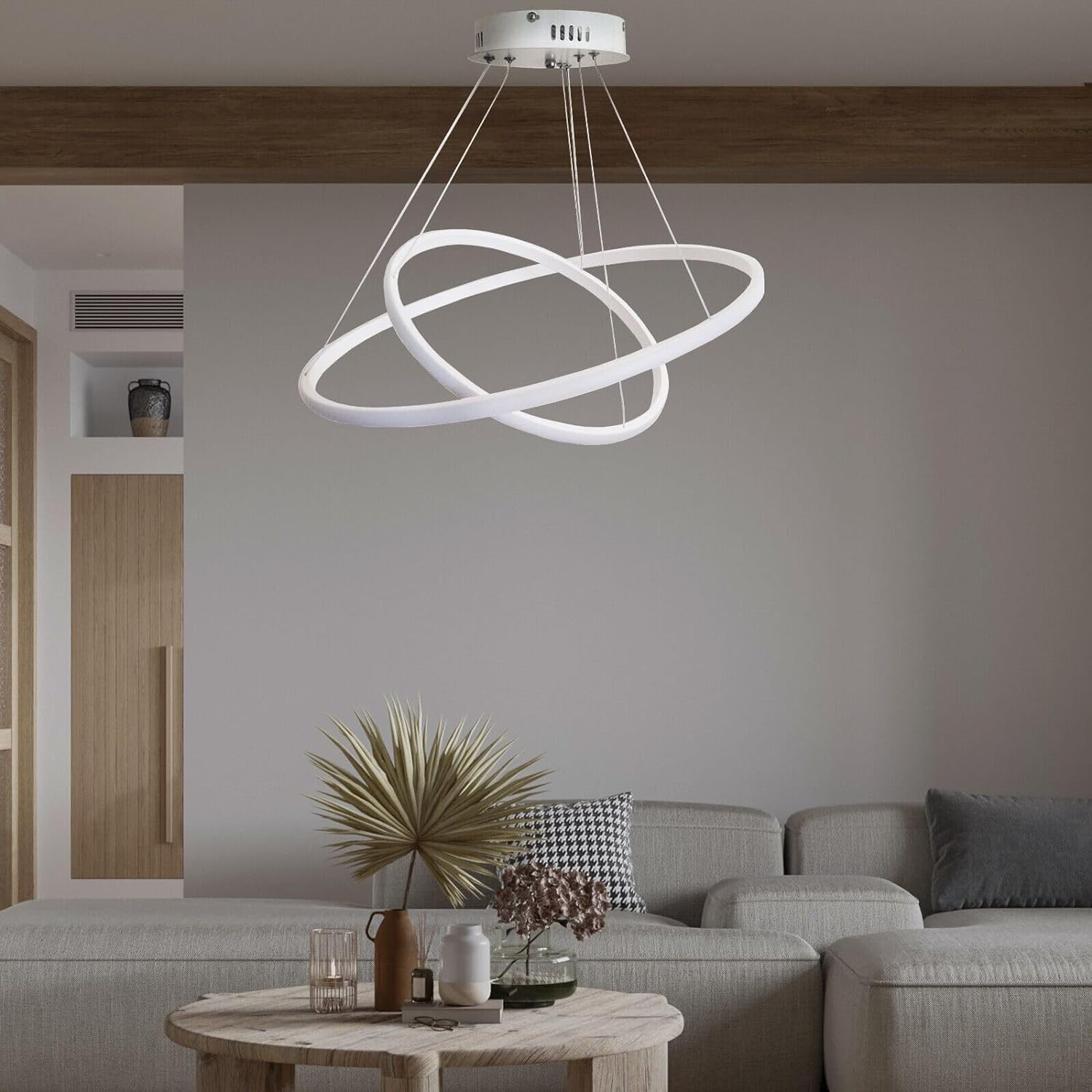 MAKA Lampadario a Sospensione LED | 60W 6540 Lumen Bianco 220V | 2 Cerchi Luce Fredda 6500K | Cavi Regolabili, Facile Installazione | Lampadario Camera da Letto, Soggiorno, Cucina