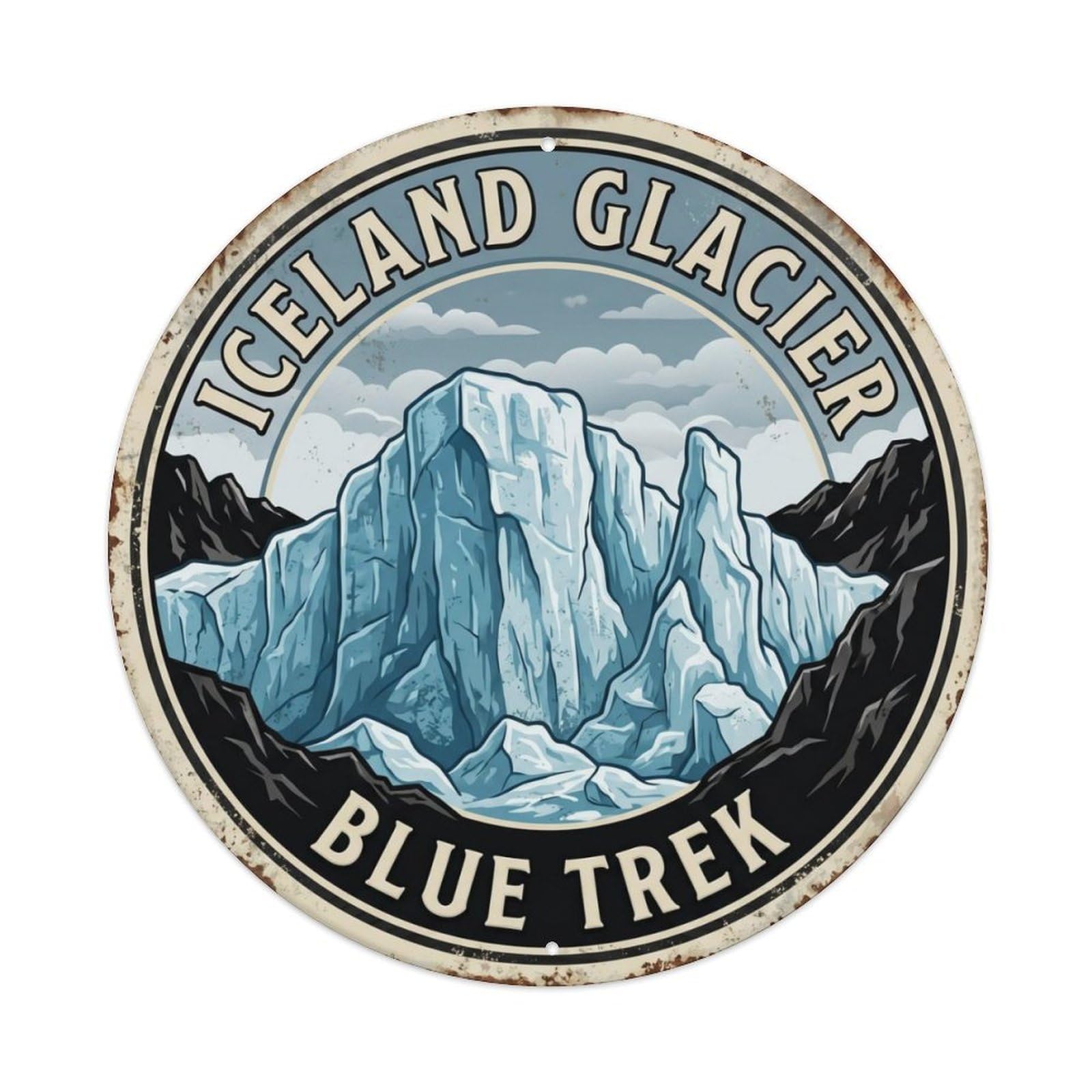 Glacier Blue Trek Iceland Nature Metal Tin Sign Plaque Wall Decor for Cafe, Club Bar, Office, Home Garden Round Metal Poster 8x8Inch