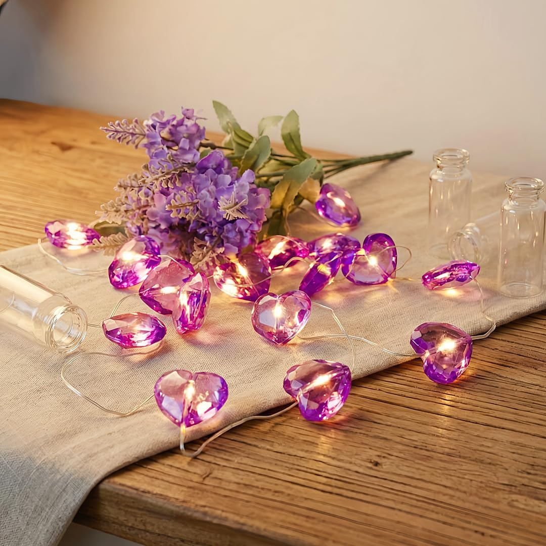 Hhmtaka Warm White Purple Crystal Love Heart String Fairy Lights 20 Micro Leds On 2M Silver Wire Battery Operated Indoor Romantic Lighting For Home Bedroom Wedding Indoor Décor