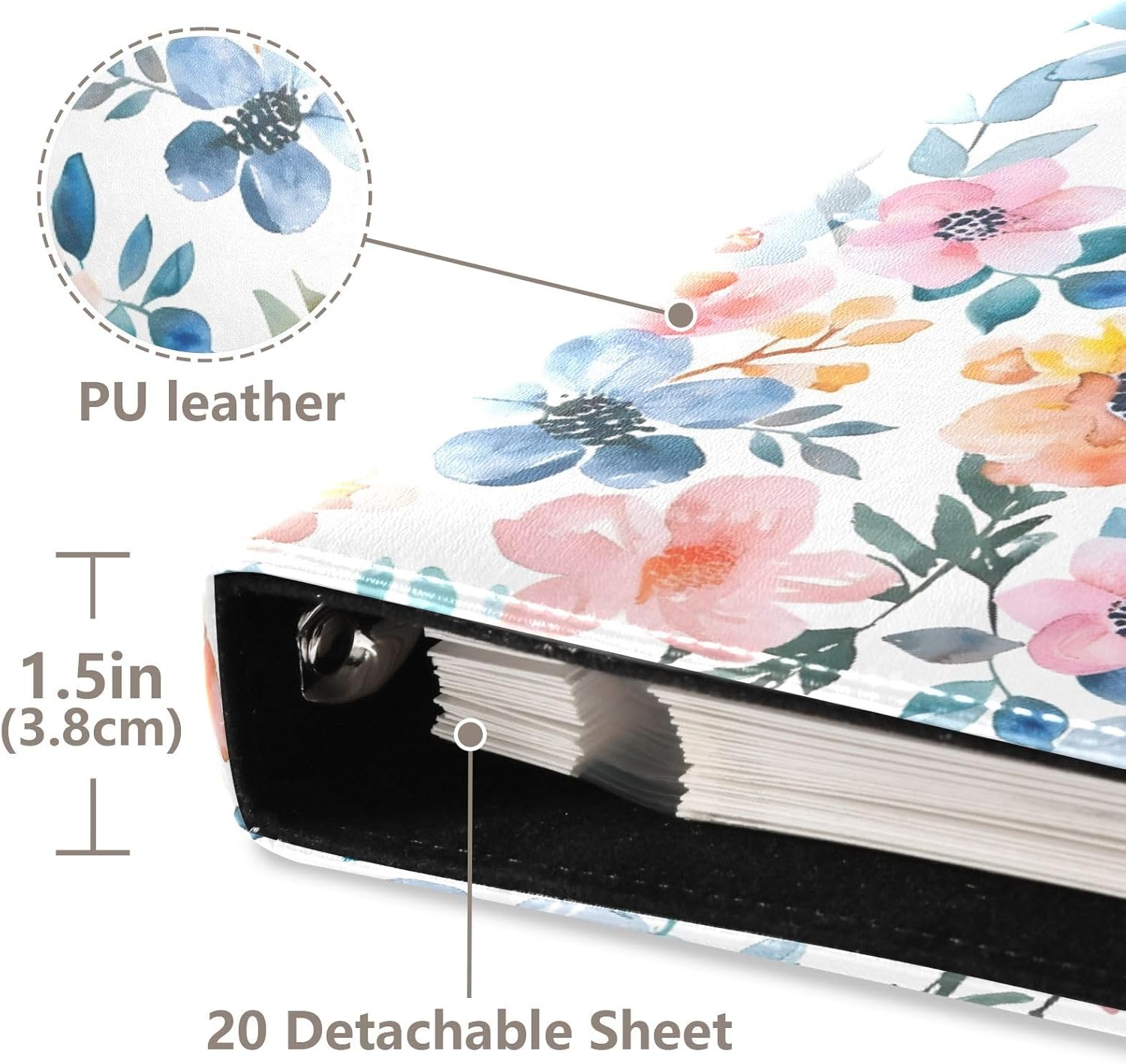 JIPONI Flowers Watercolor Pattern Large Photo Album, DIY Leather Cover Scrapbook Albums for 4x6 5x7 6x8 Pictures, Self Adhesive Memory Book for Wedding, Baby, Family
