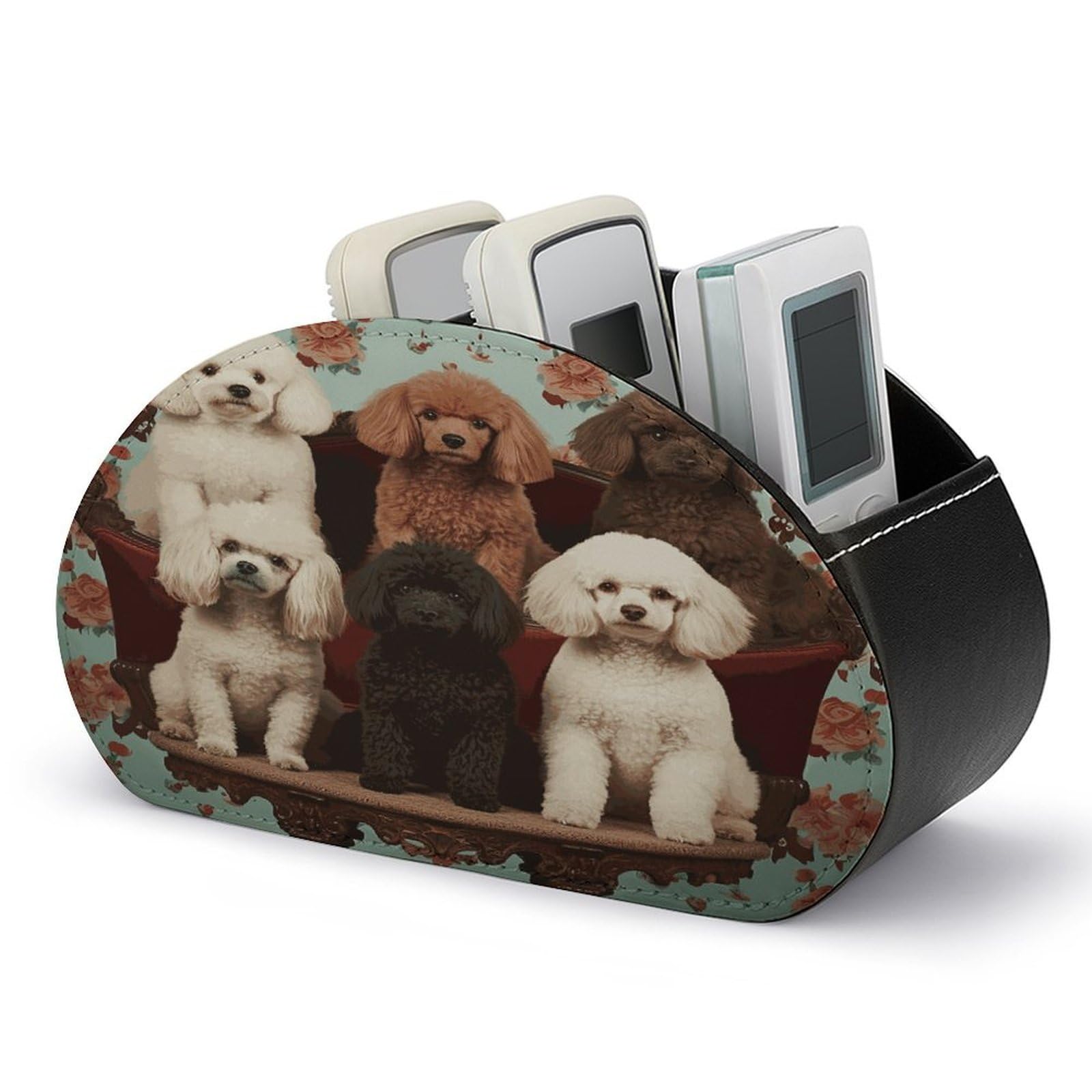 FekiLoot Poodles Dogs TV Remote Control Holder with 5 Compartments Multi-functional Leather Bedside Table Remote Caddy Desktop Storage Box for Store Pen Controller Media Player Cosmetic