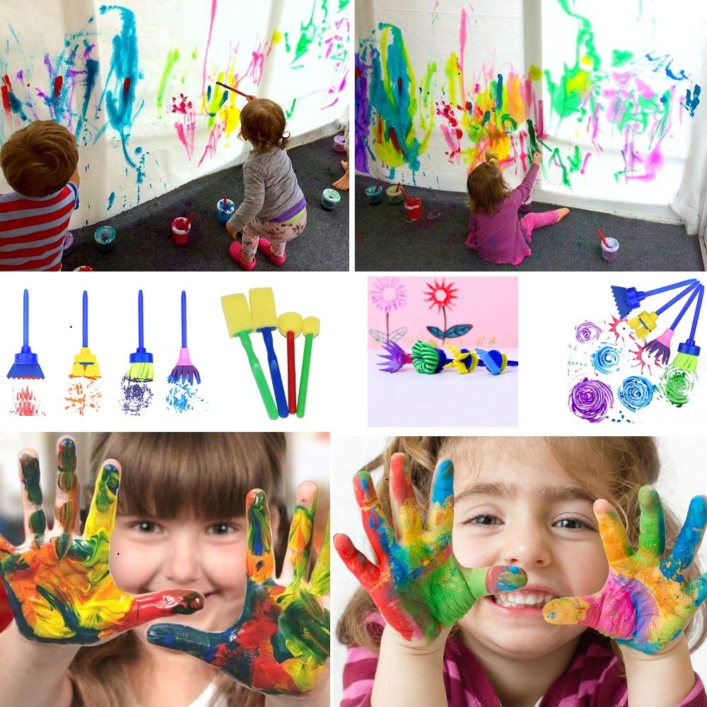 Niños Esponja Pintura Cepillos Kit-4 Colores Botes Surtidos con Tapas y 46 Piezas Pinceles de Pintura para Niños