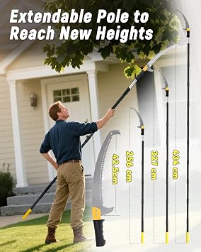 3.3m Pole Saw with Adjustable Length for Tree Trimming, Lightweight Steel Manual Pruning Saw, Long Reach Extendable Branch Cutter Pole Pruner for Yard, Garden, Patio and Forestry Use