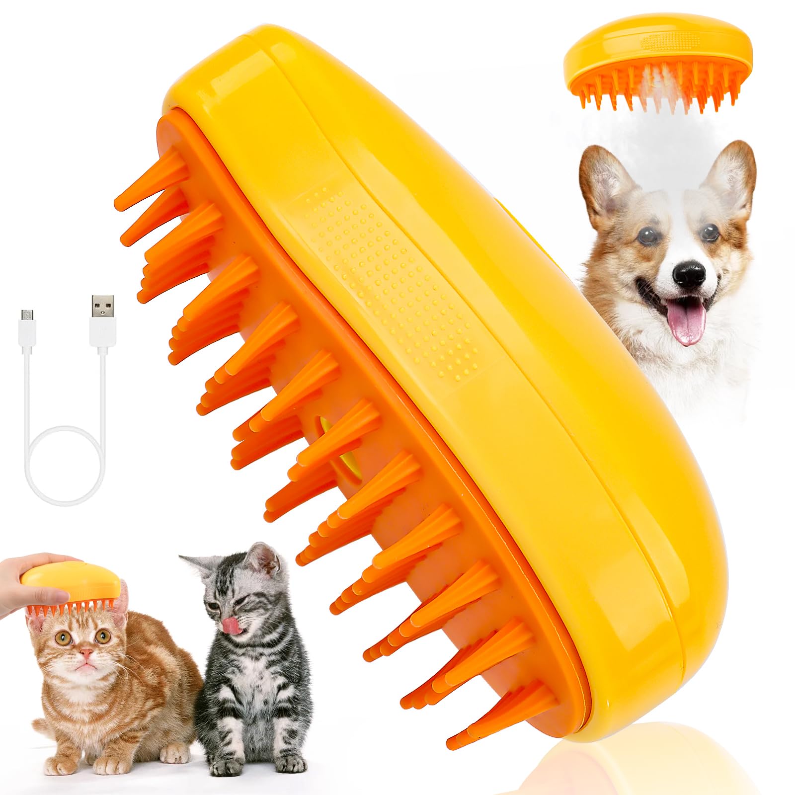 Jognee Steamy - Cepillo de vapor para gatos 3 en 1, cepillo de masaje en spray para gatos, cepillo multifuncional para perros, cepillo de aseo para gatos, peine para depilación de mascotas (amarillo)