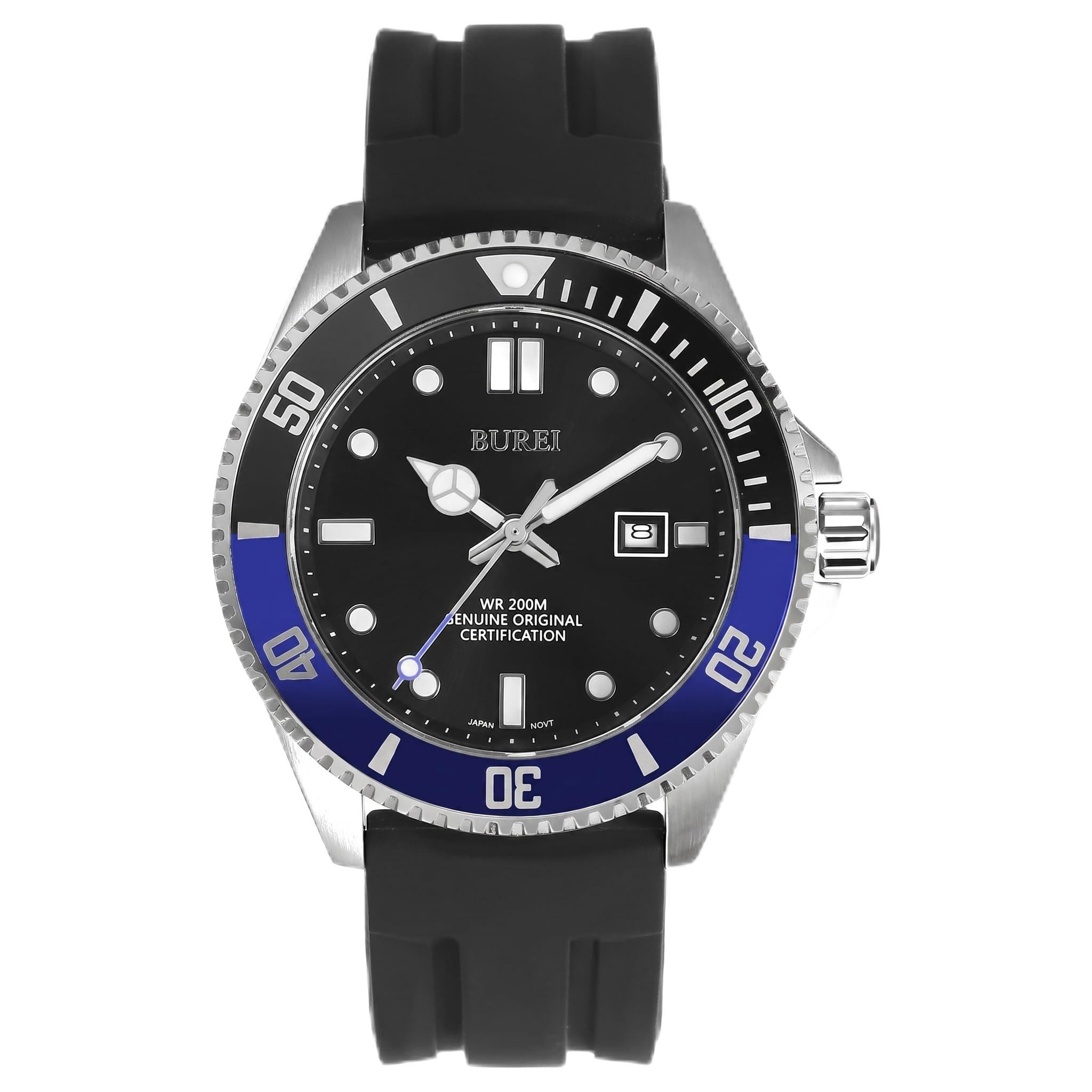 BUREI Orologio subacqueo da uomo, impermeabile fino a 200 m, analogico, al quarzo, in acciaio inox, alla moda, classico, da lavoro, da lavoro, con data automatica