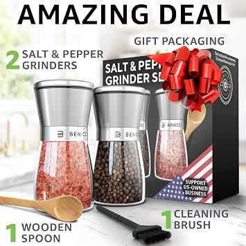 Stainless Steel Salt and Pepper Grinder Set of 2 (5oz) Manual Adjustable Ceramic Mills Grinders with 5 Coarseness Levels Refillable Glass Shakers, No Batteries Includes Spoon & Brush