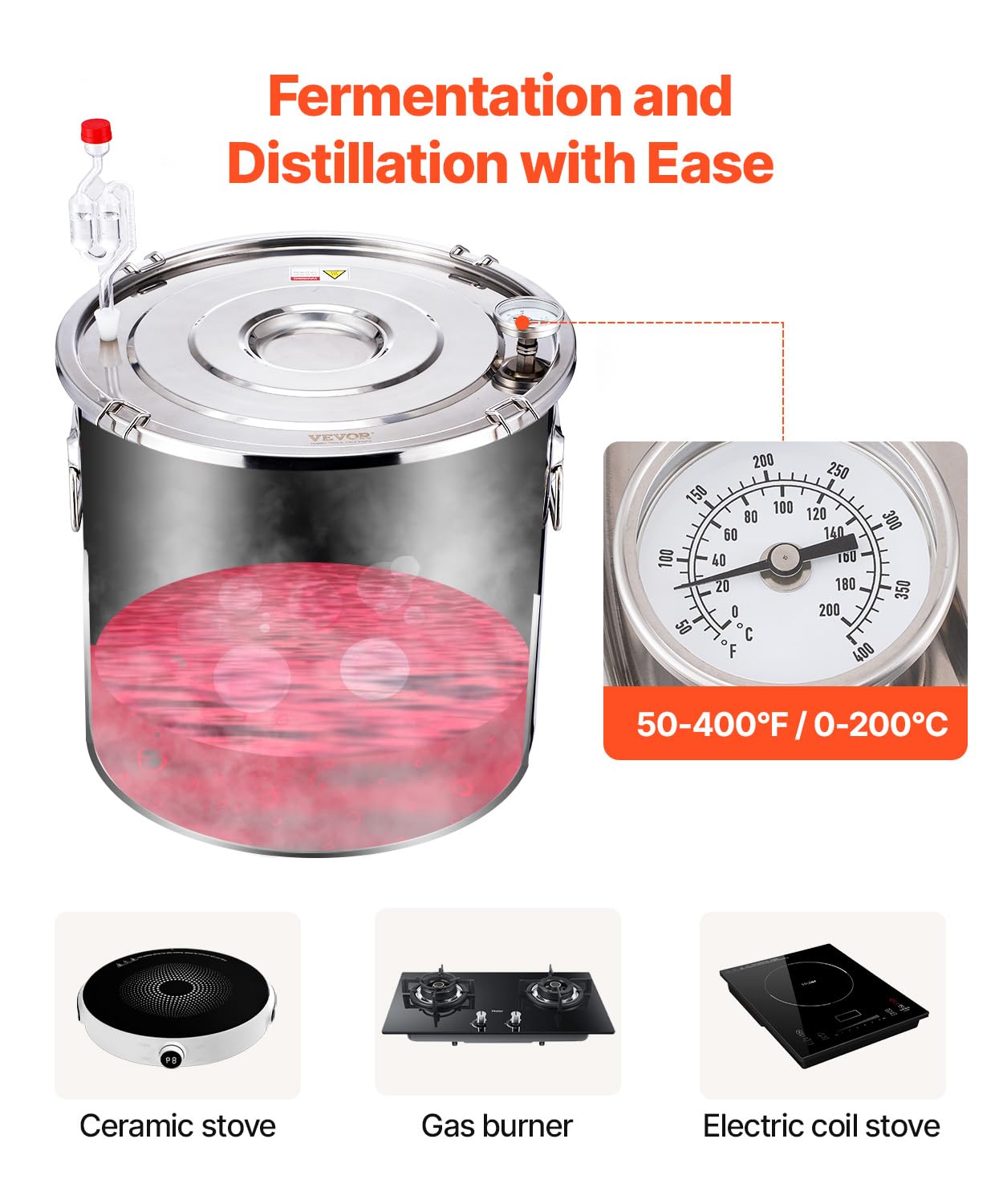 VEVOR Distillatore di Alcool 50 L Distillatore di Alcool Acqua in Acciaio Inossidabile con Bobina di Rame, Kit di Fermentazione per Raffinazione Birra Fatta in Casa con Termometro e Pompa, Argento