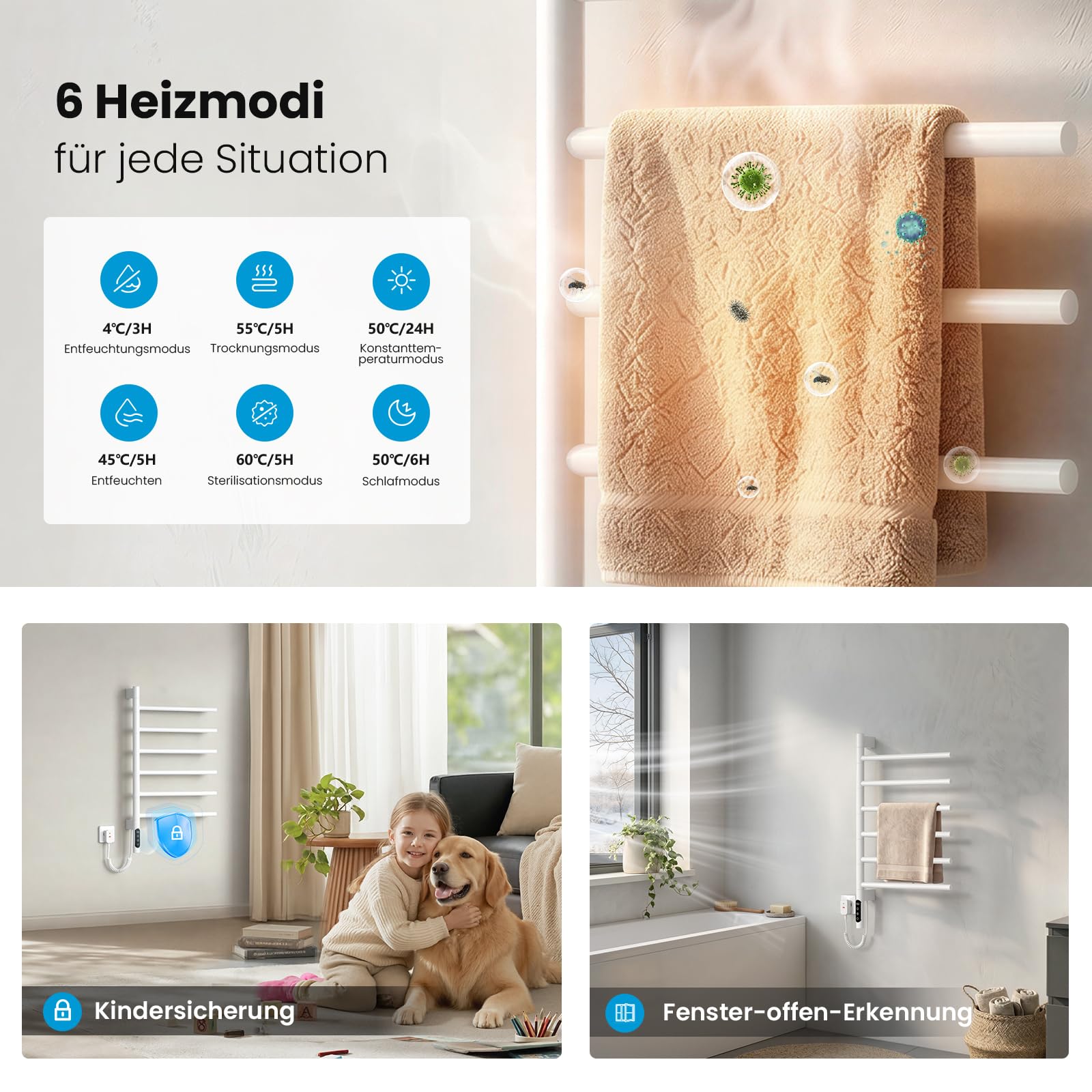 Heilmetz 78x45cm Handtuchheizkörper Elektrisch 135W, 180° drehbar, Weiß | WiFi Smart per App & Sprachsteuerung Carbon-Heizung 30–70°C 1–24h Timer Wochenprogramm