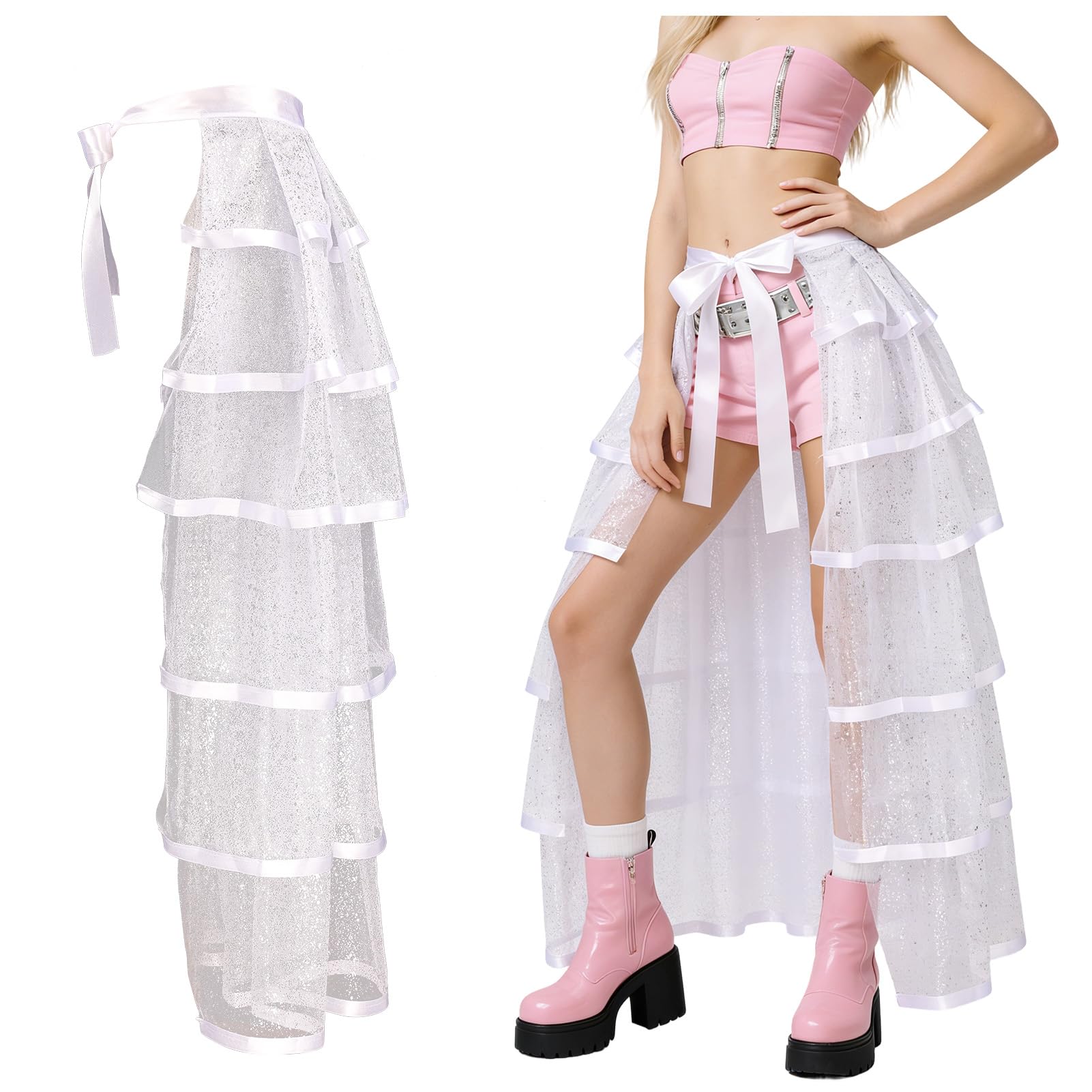 iHUFeather Victorian Steampunk Bustle Skirt Layered Tie on Belt Tulle Tutu Overskirt for Women, Long-white+silver, Long-105cm
