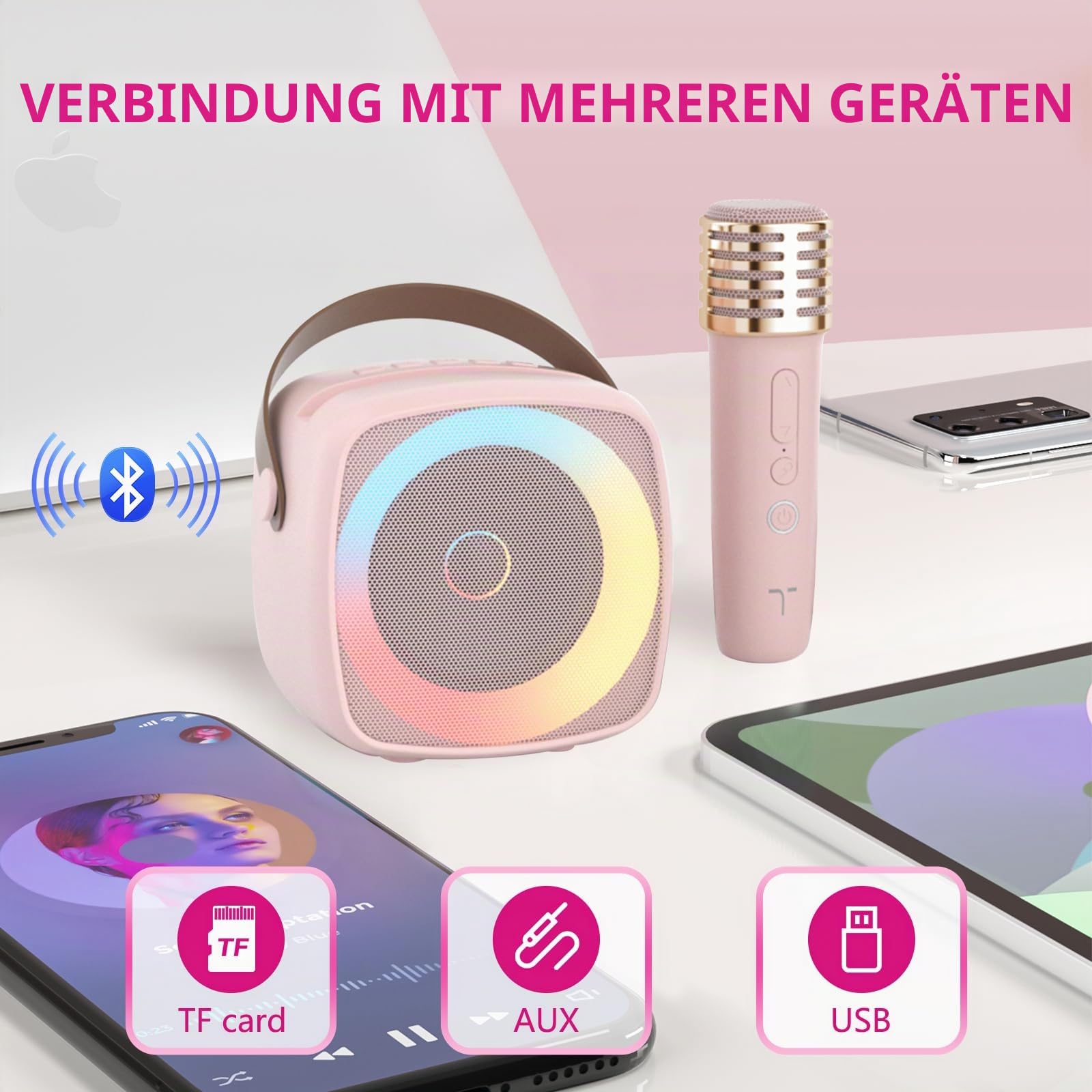 Karaoke Maschine 2 Mikrofone für Jungen Mädchen, tragbare Bluetooth-Lautsprecher mit dynamischen Lichtern für Kinder Erwachsene Mini Voice Changer Mikrofon Lautsprecher Set mit Telefonhalter