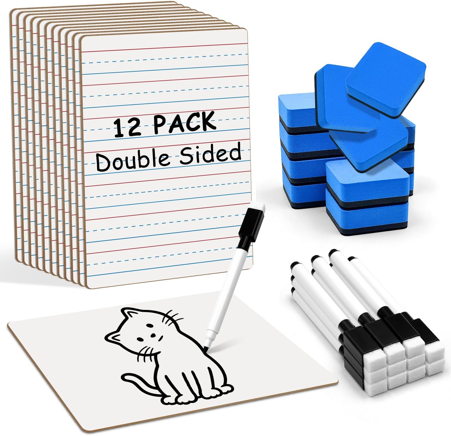 12-Piece Dry Erase Board Set, Double-Sided Small Whiteboards with Lines for Writing, Students and Teachers in Classroom, 6"x9" Mini Whiteboards, Includes 12 Markers and 12 Erasers