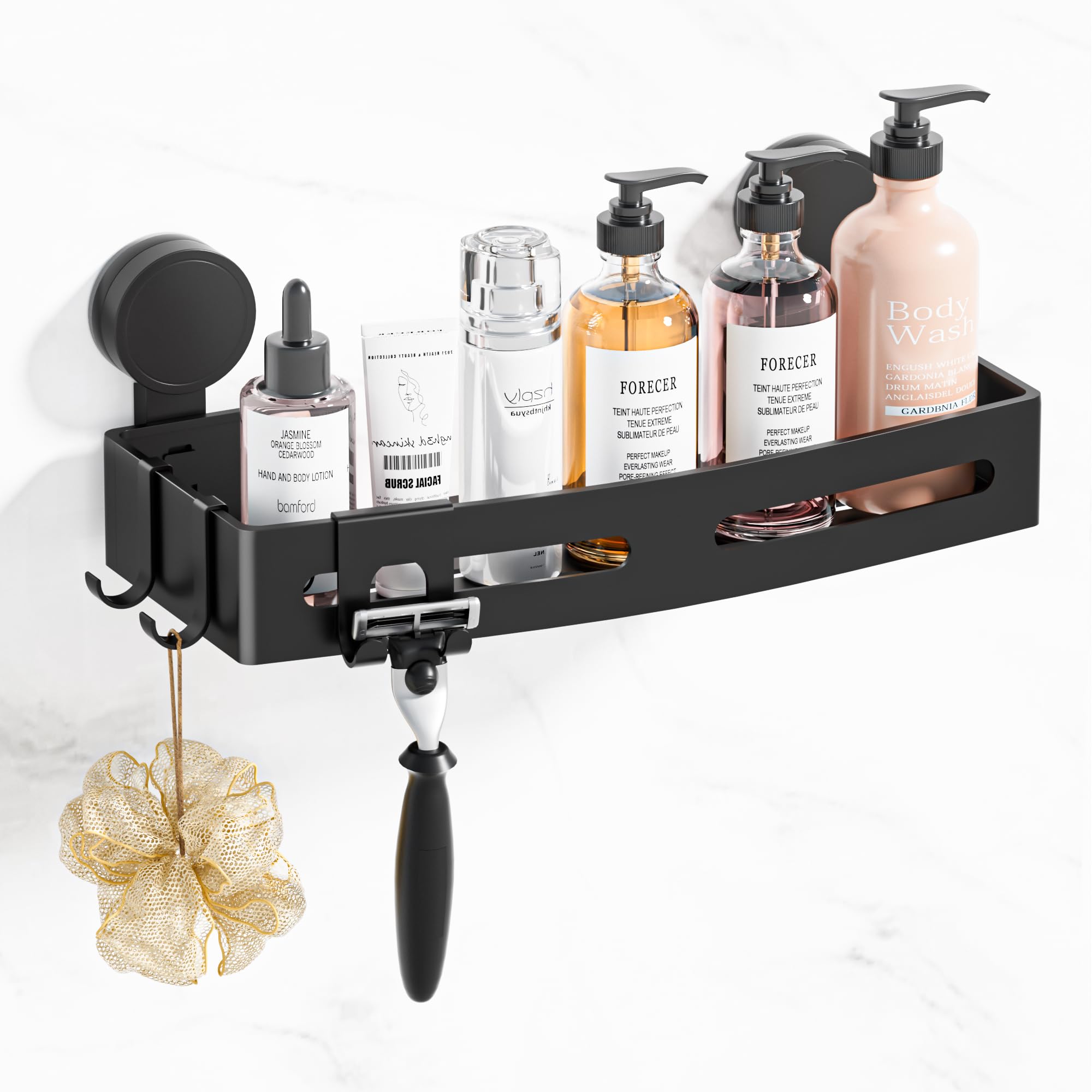 Wisfame Duschablage Saugnapf, Duschregal Ohne Bohren, 10kg Tragfähigkeit Duschregel Shampoo Halterung für badregal saugnapf, Abnehmbare und Rostfreie Aluminium Dusche Organizer, Schwarz-32cm