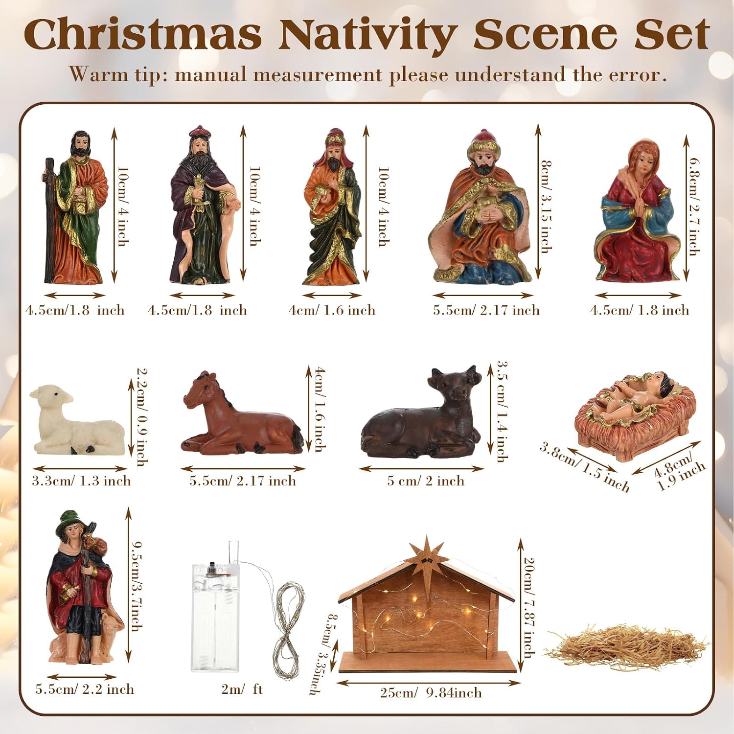 Geelin 13 Pcs Christmas Resin Nativity Stable Jesus Figurine Set with Wooden House Raffia LED Light Resin Craft Jesus Holy Family Statue Manger Scene for Home Desk Decor Collection