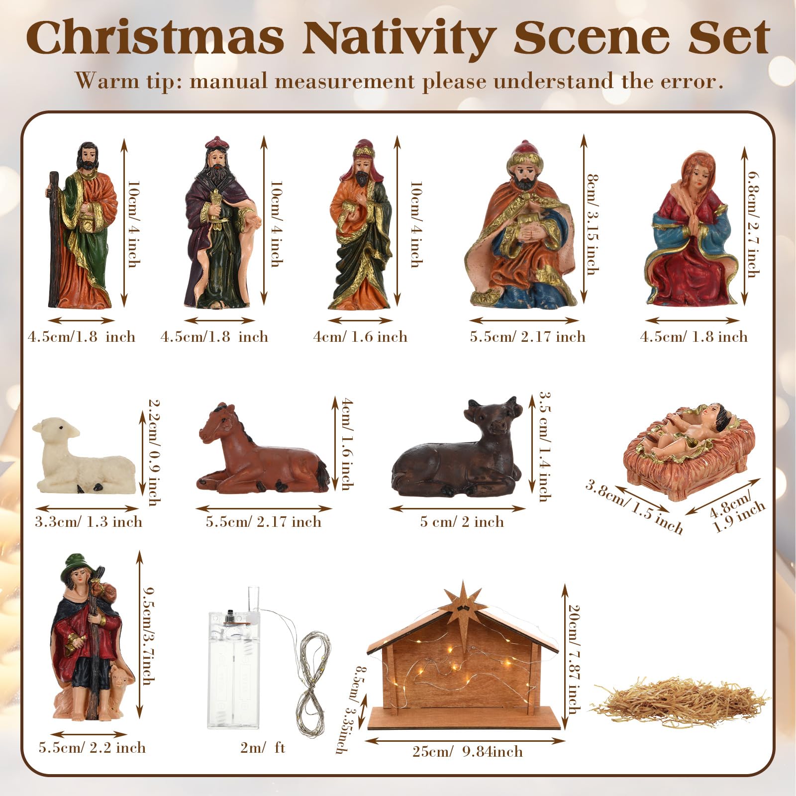 Geelin Set di 13 statuette di Gesù per presepe di Natale, con casa in legno di rafia, luce a LED, resina, artigianato di Gesù della Sacra Famiglia, Scena della mangiatoia, per casa, scrivania