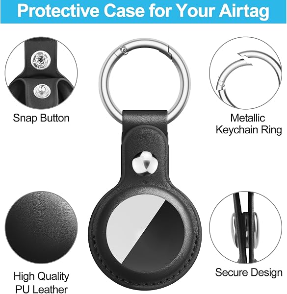 Meliya Custodia AirTag Portachiavi per Apple Airtag, Pelle Custodia per Airtag Apple con Portachiavi, Pelle Cover Protettiva per Tracker per Zaini e Animali Domestici (Nero) - 5