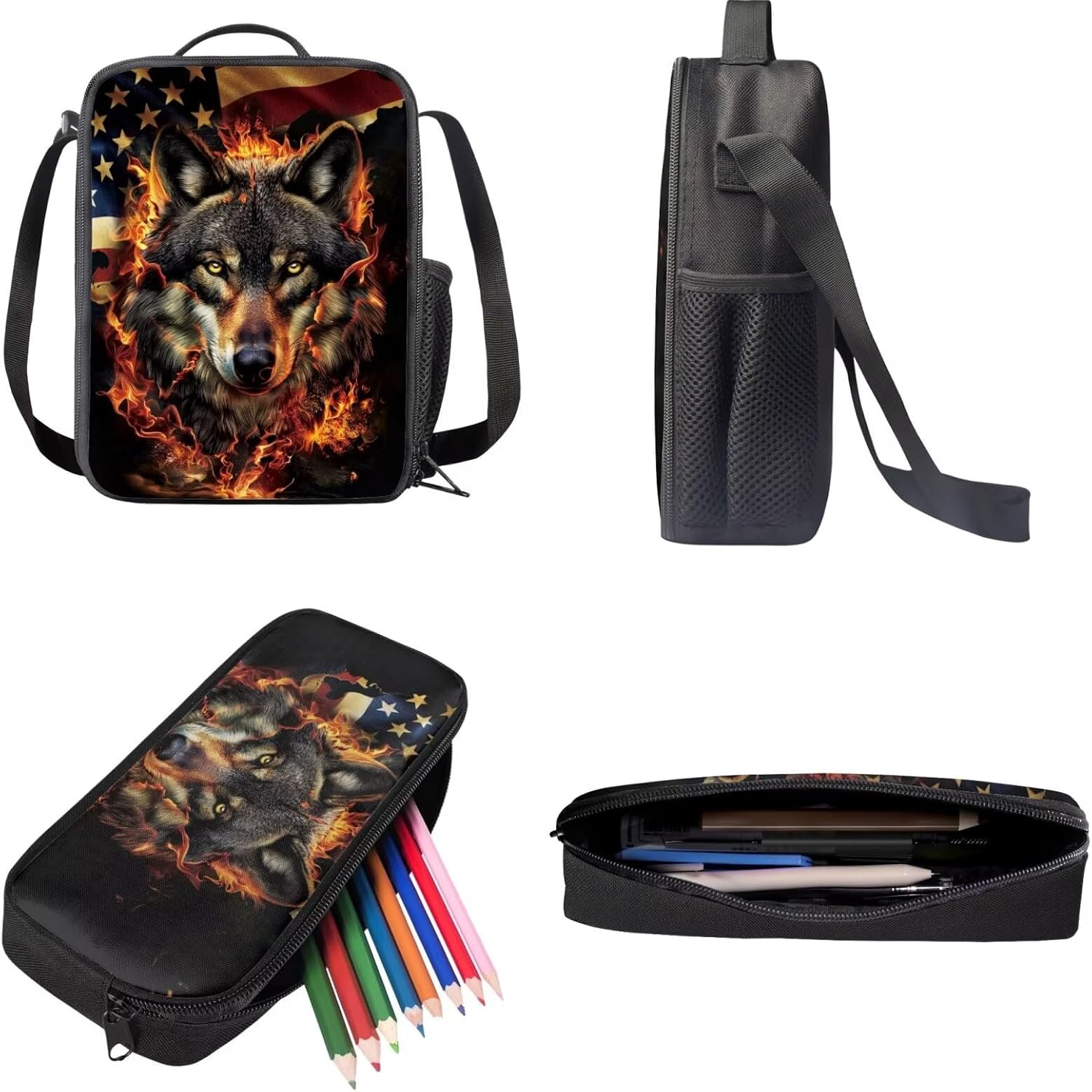 American Flag Wolf Backpacks with Lunchbox and Pencil Case for Kids Boys 6-8 Years Old Elementary Bookbag Set Outdoor Sports Gym Travel 17 Inch