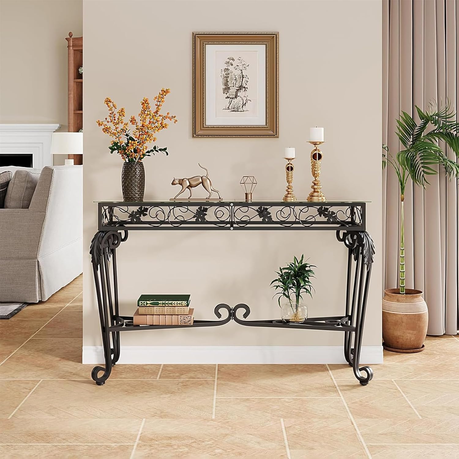 HavenlyYouth Console Table 47.2", Tempered Glass Sofa Tables, Vintage Entryway Table with Metal Frame, Console Tables for Living Room, Entrance, Foyer, Adjustable Feet (Black)