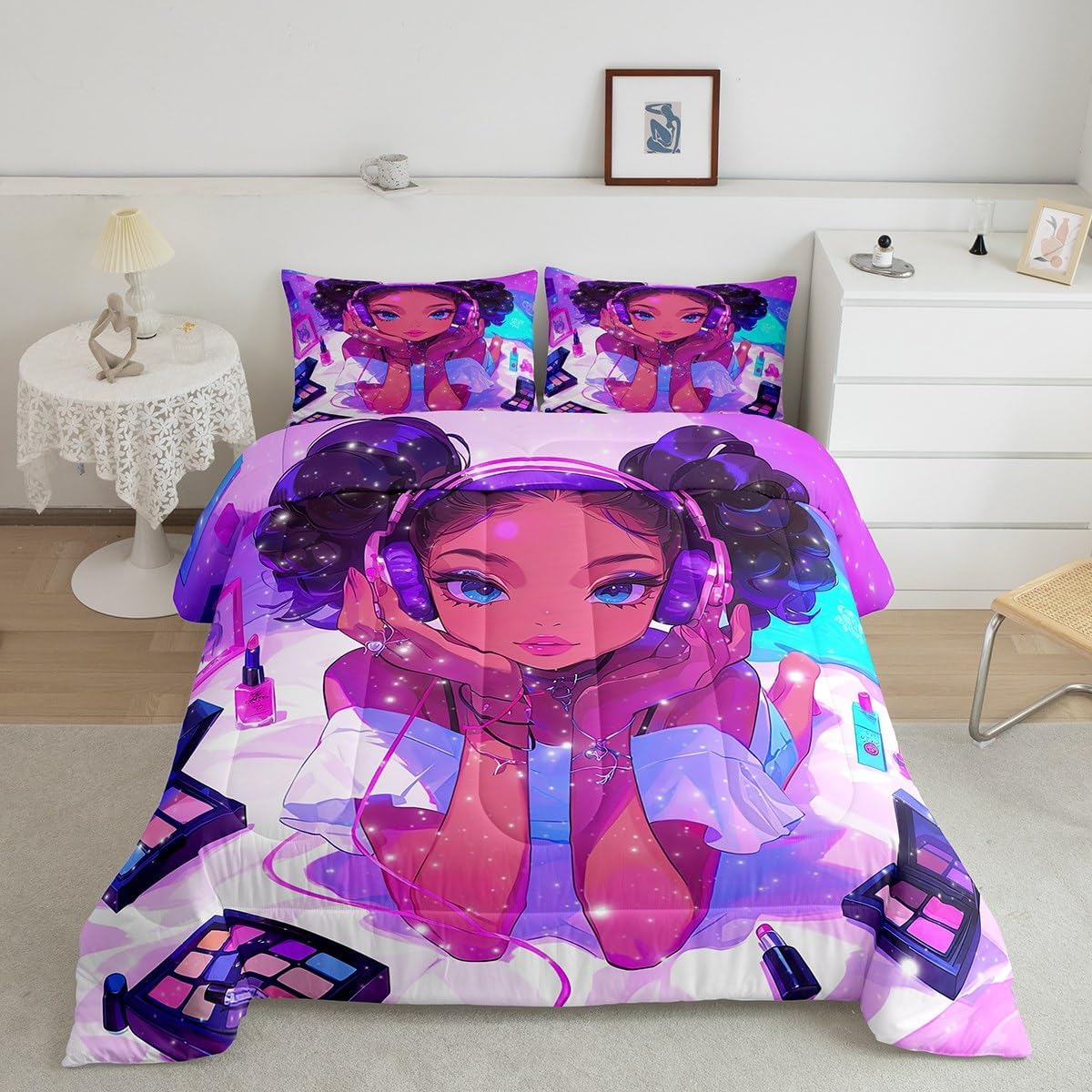 Erosebridal Black Girls Magical Bedding Set Full Size American African Princess Comforter Set for Girls Kids Reversible Colorful Stars Bed Comforter Sets for Teen Women Fashion Makeup Decor Quilt