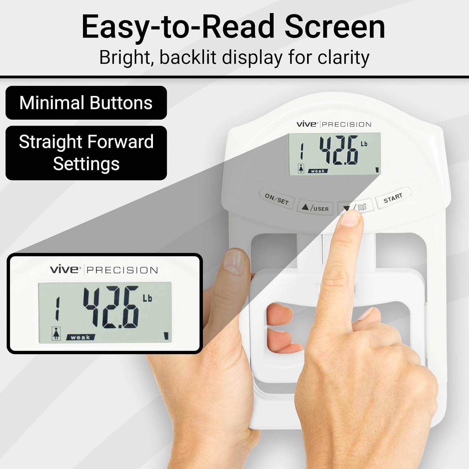 Vive Precision Grip Strength Tester - Hand Grip Dynamometer - Handheld Digital Grip Measurement Meter Device Trainer Power 198 Lbs / 90 Kgs - Strengthener Exerciser for Sports, School and Home Use