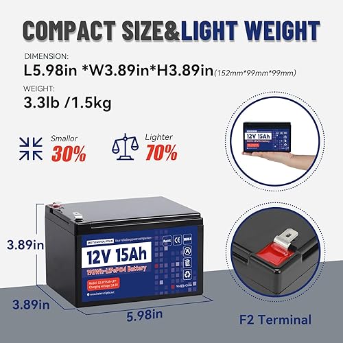 Miniatura 2 de Batería LiFePO4 de litio de 12 V 15 Ah, más de 4000 ciclos profundos y batería sin mantenimiento para scooter, buscador de peces, sistema solar,