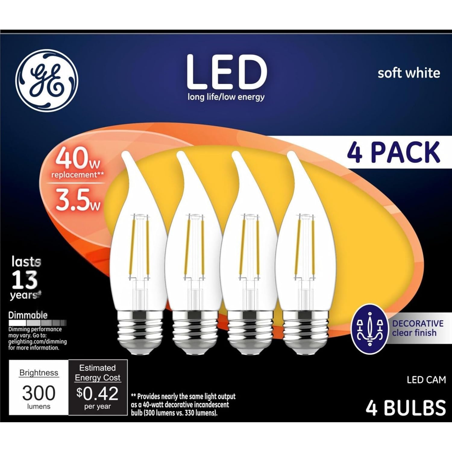 GE LED Light Bulbs 40 Watt Soft White Decorative Bulbs Clear Medium Base 4 Pack